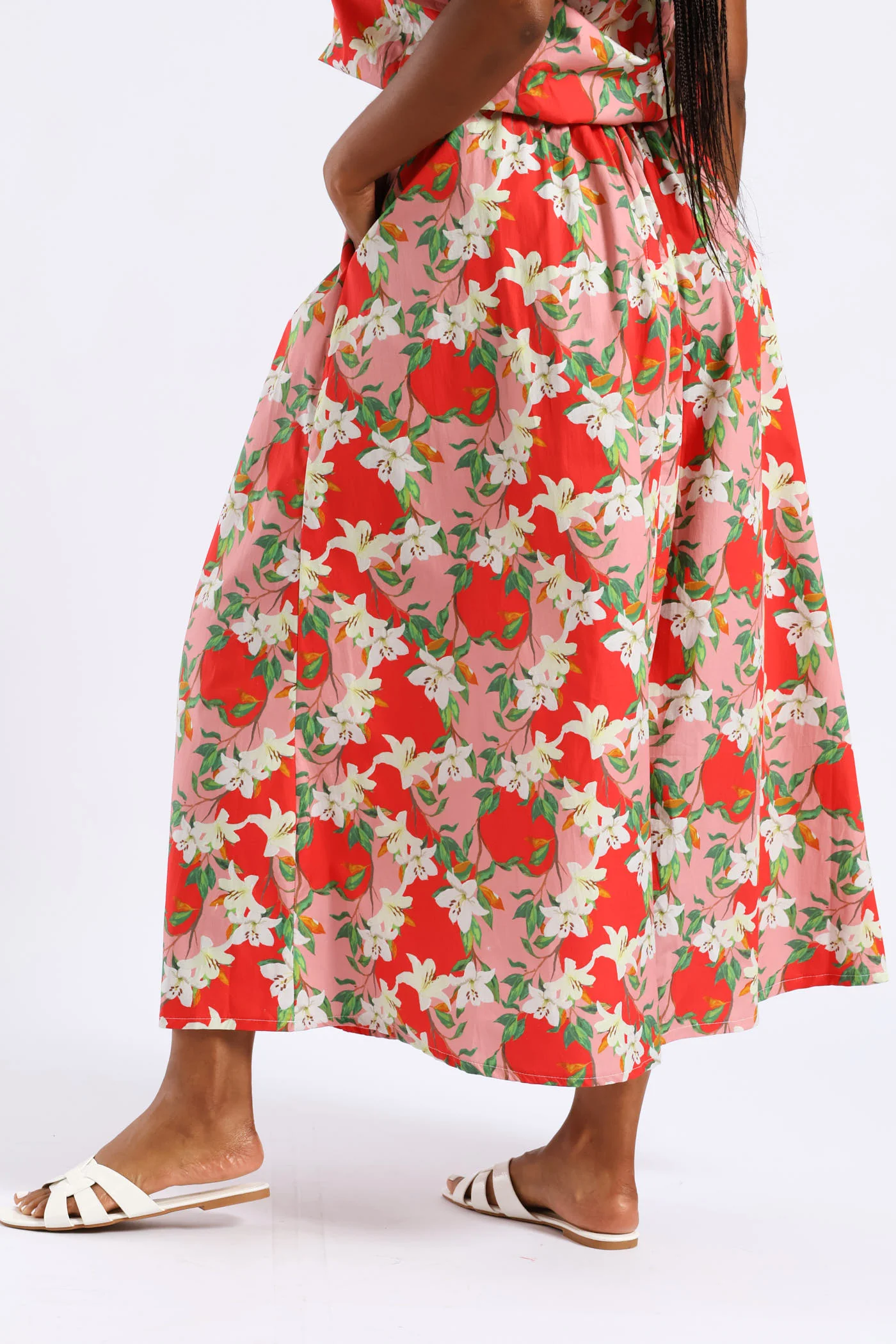 Structured Wide Hem Floral Flared Midi Skirt - Red/Pink - Image 3