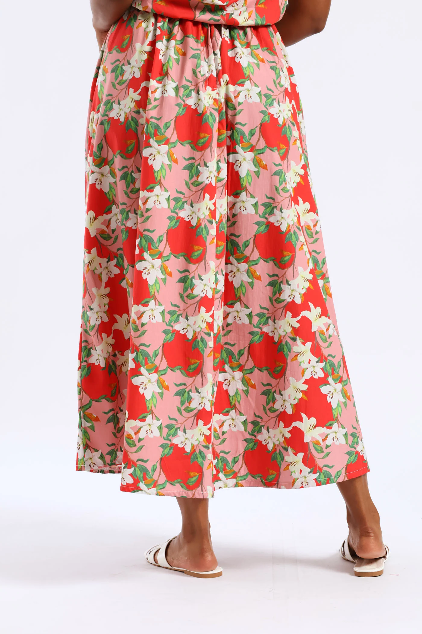 Structured Wide Hem Floral Flared Midi Skirt - Red/Pink - Image 4