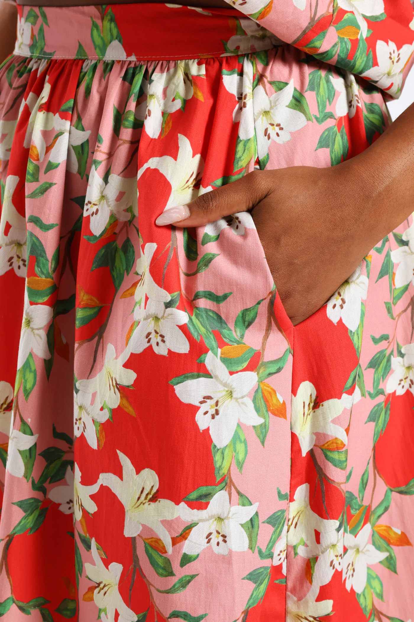 Structured Wide Hem Floral Flared Midi Skirt - Red/Pink - Image 5
