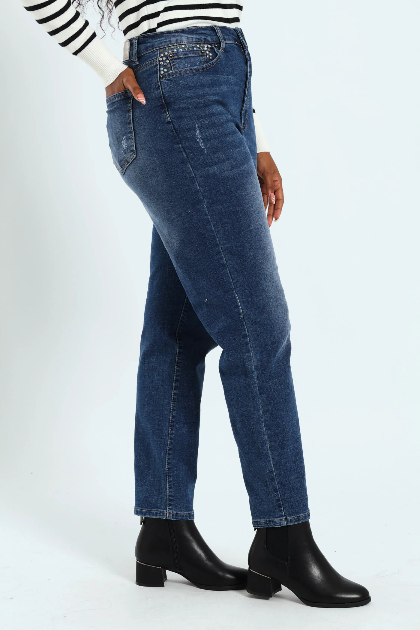 Stud Pocket Crosshatch Mom Jean - Medium Wash - Image 3