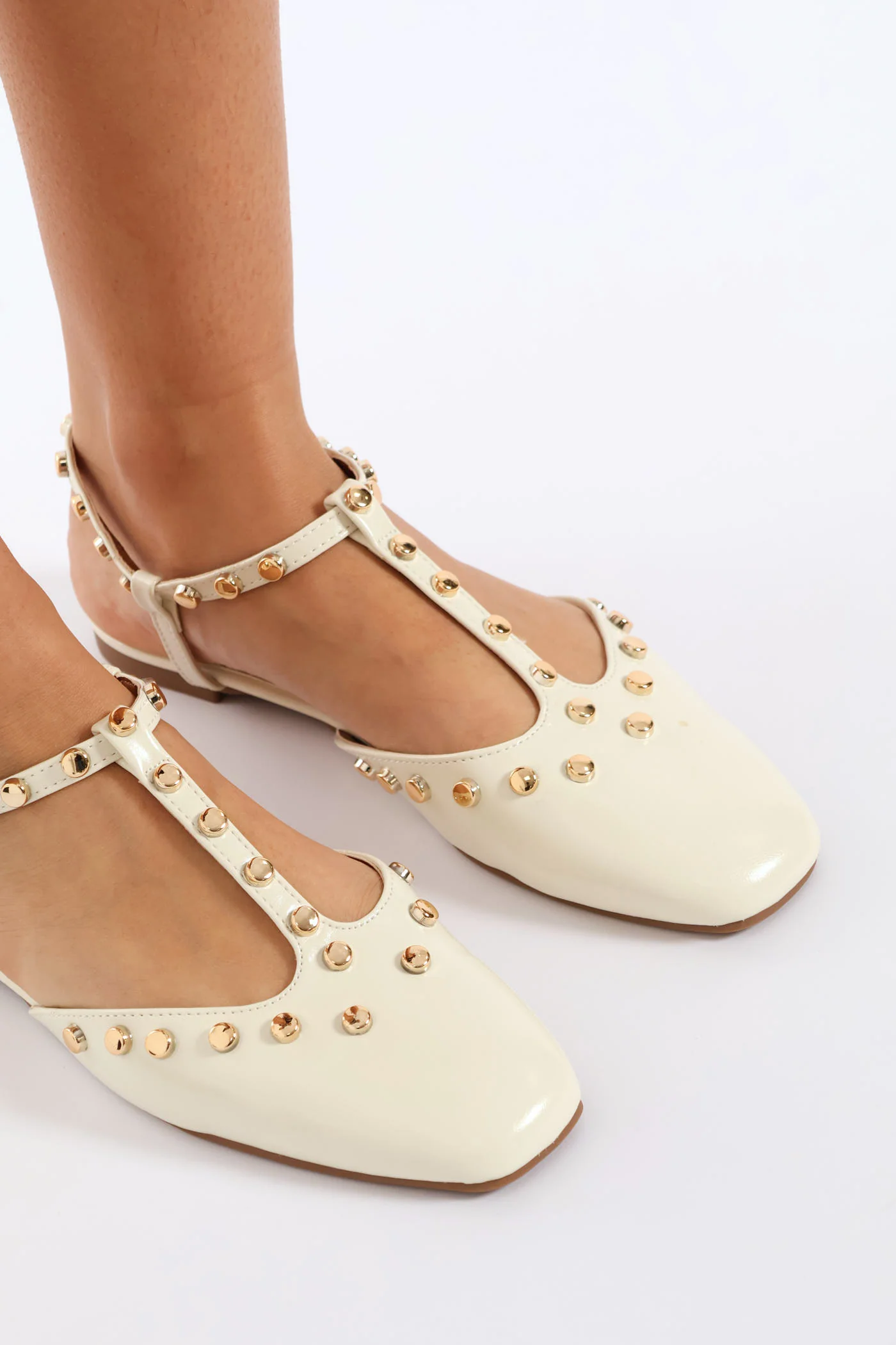 Studded Closed Toe T-Bar Mule - Off White - Image 3