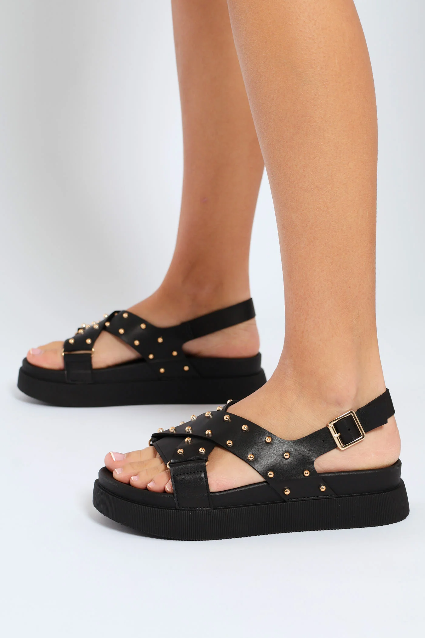 Studded Slingback Crosstrap Sandal On Footbead - Black - Image 3