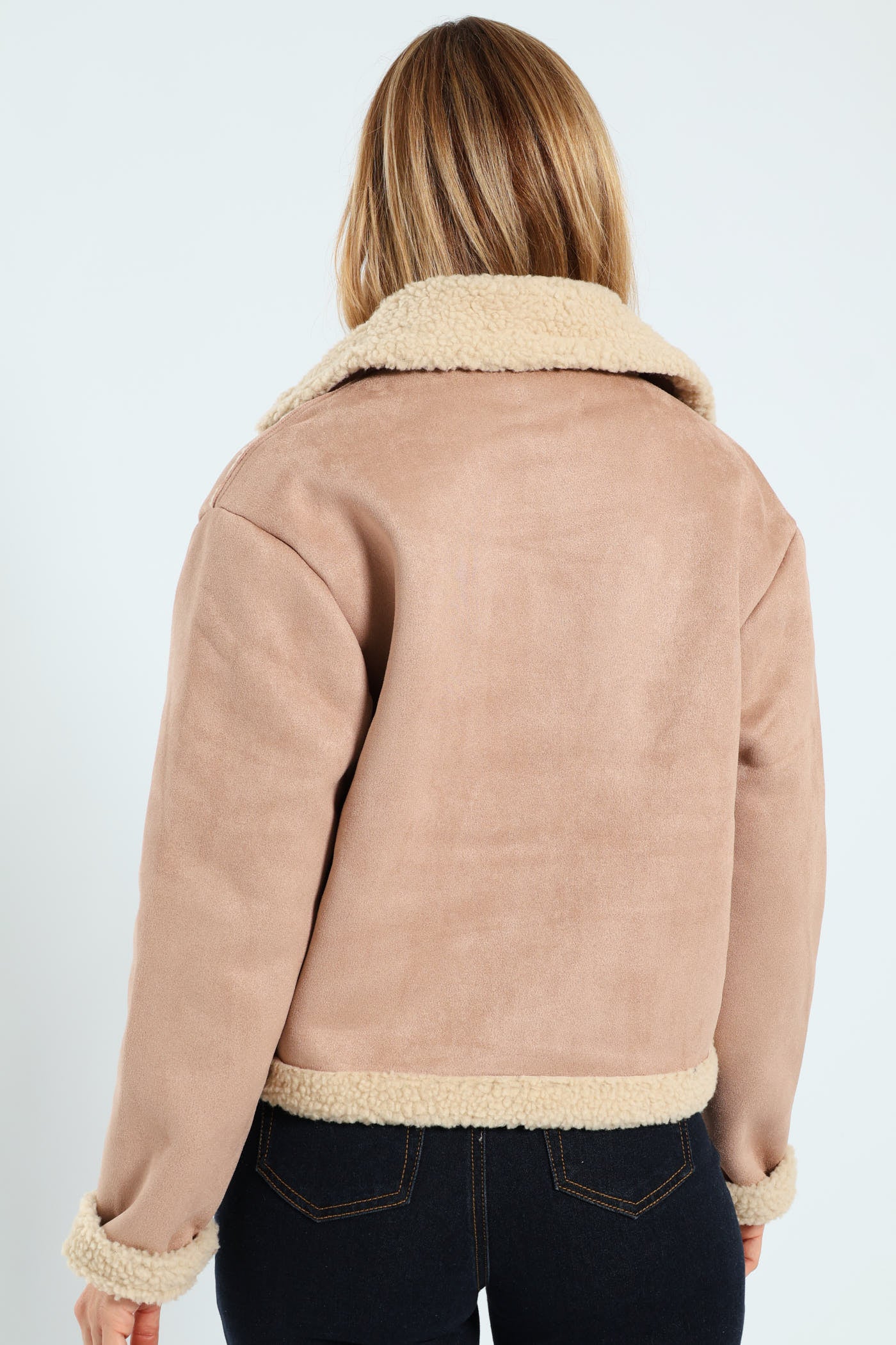 Suede Contrast Sherpa Lined Aviator Jacket - Stone - Image 5
