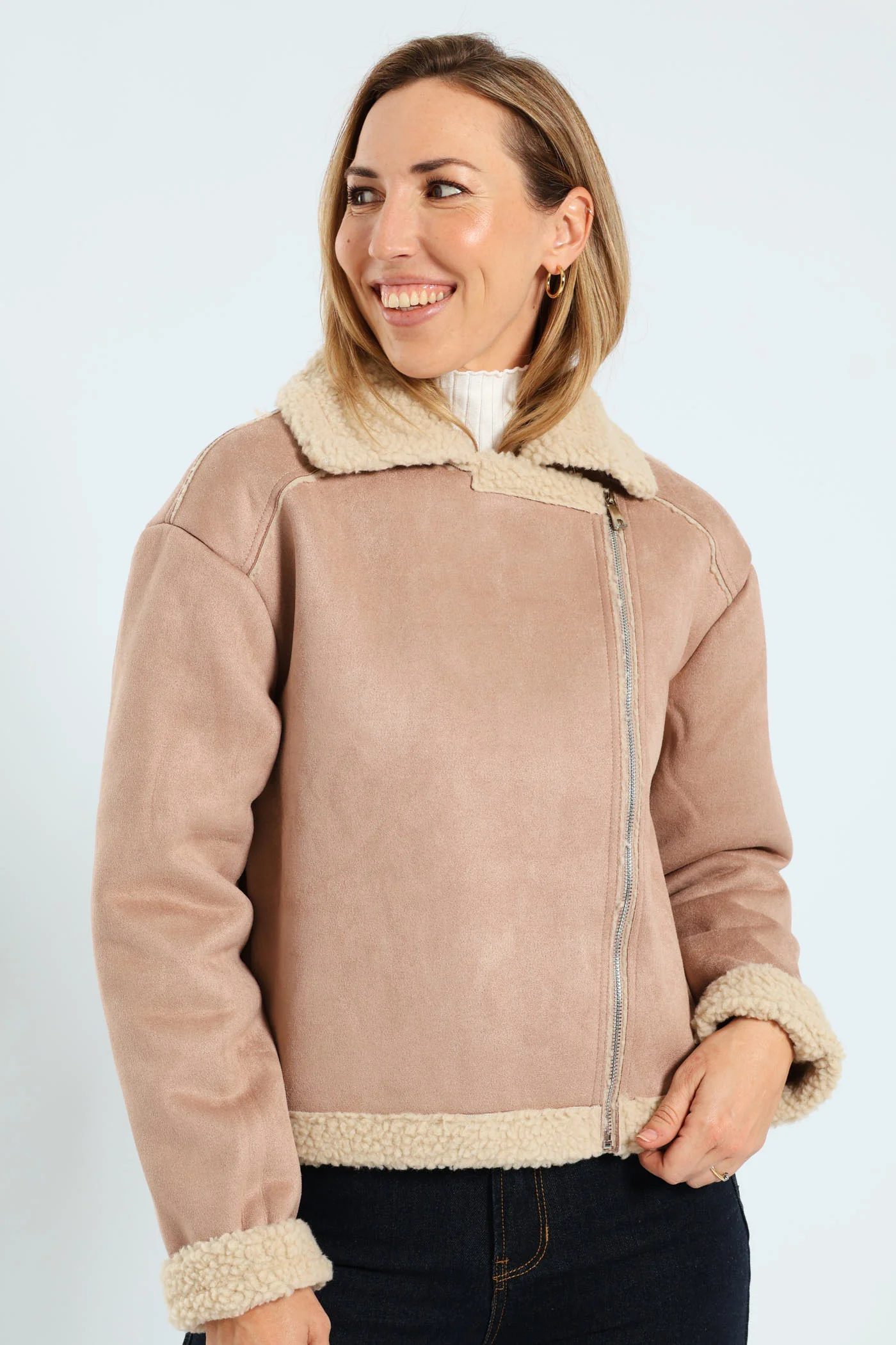Suede Contrast Sherpa Lined Aviator Jacket - Stone - Image 6