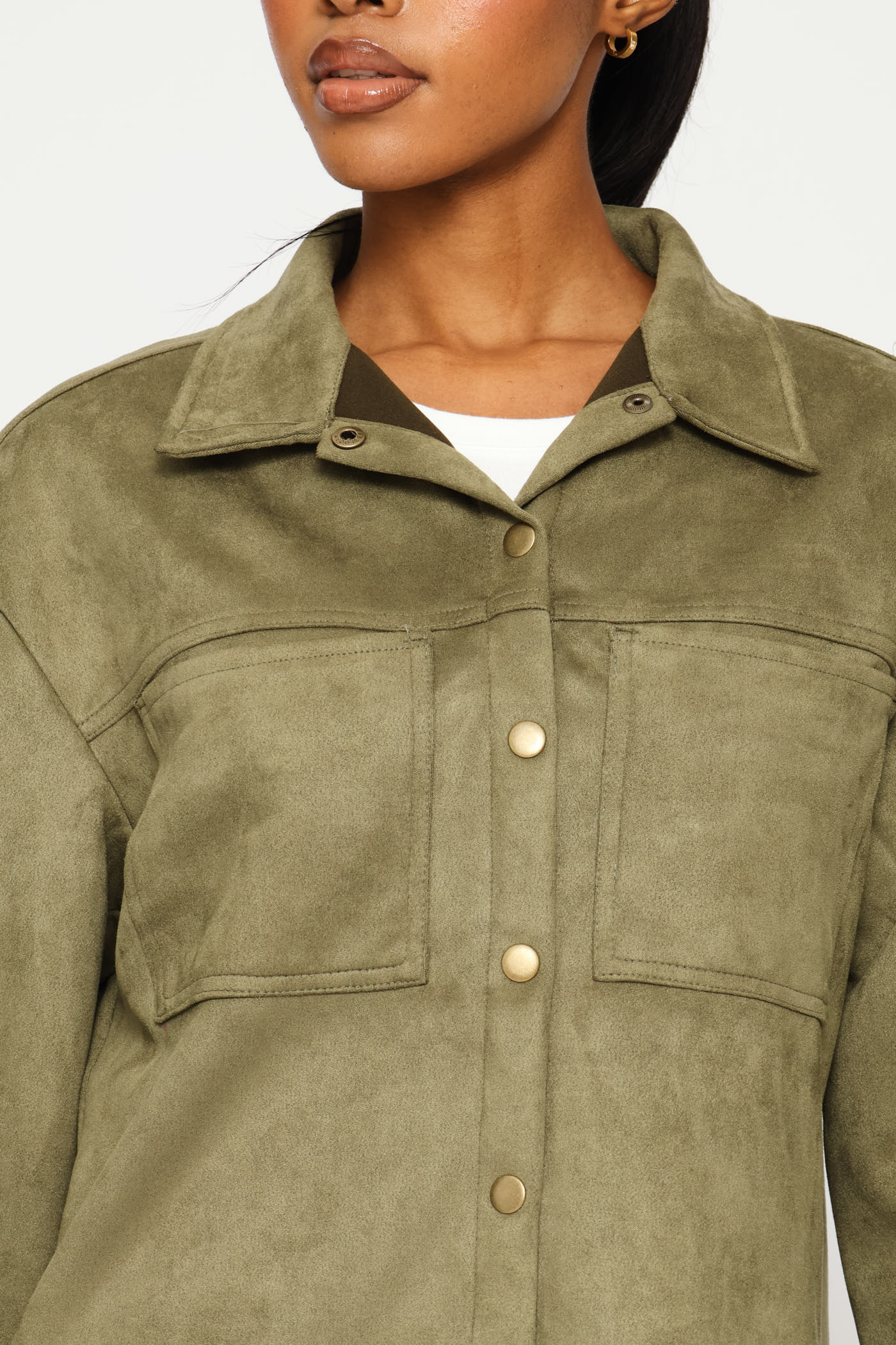 Suede Shacket With Press Studs & Pockets - Fatigue - Image 2
