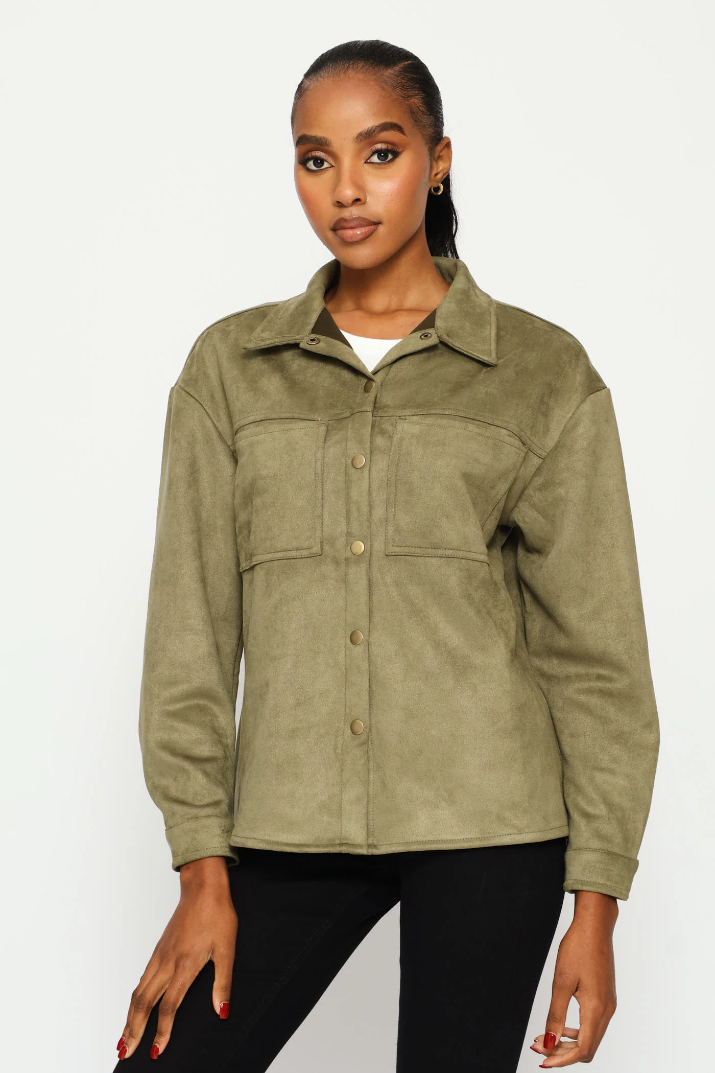 Suede Shacket With Press Studs & Pockets - Fatigue - Image 3