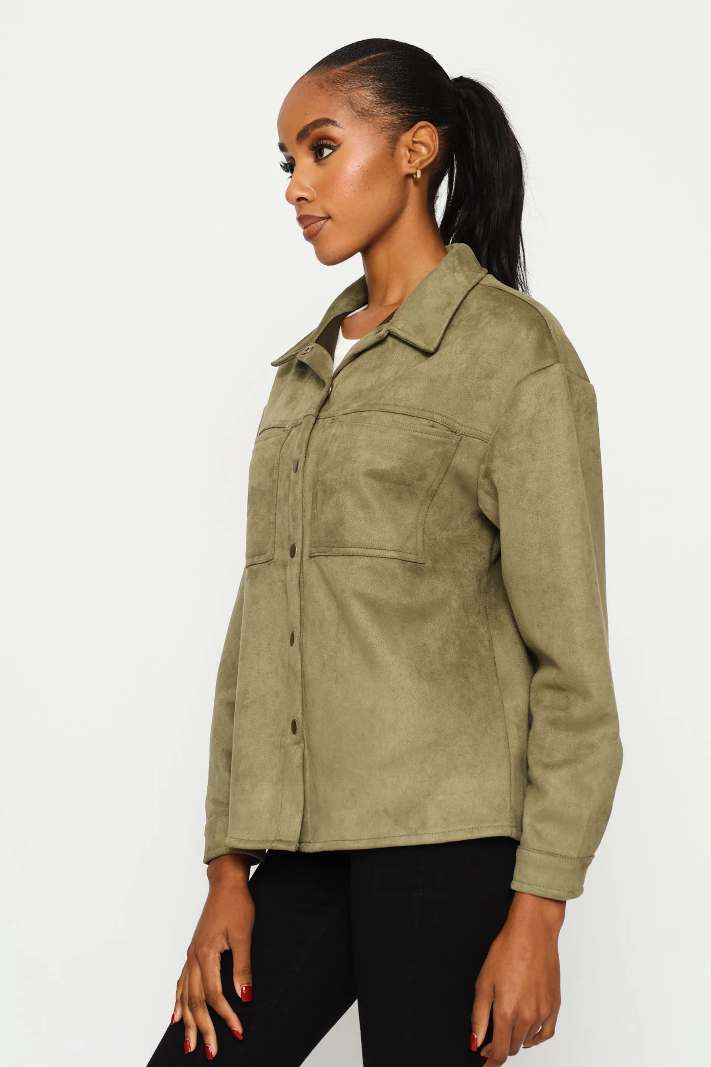 Suede Shacket With Press Studs & Pockets - Fatigue - Image 5