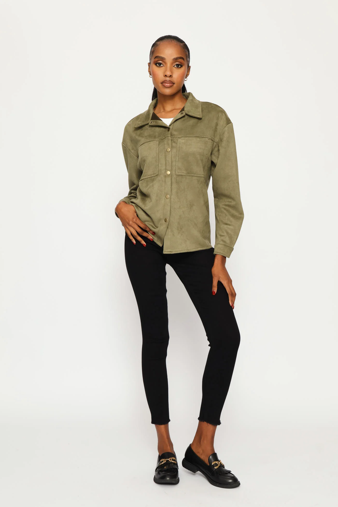 Suede Shacket With Press Studs & Pockets - Fatigue - Image 7