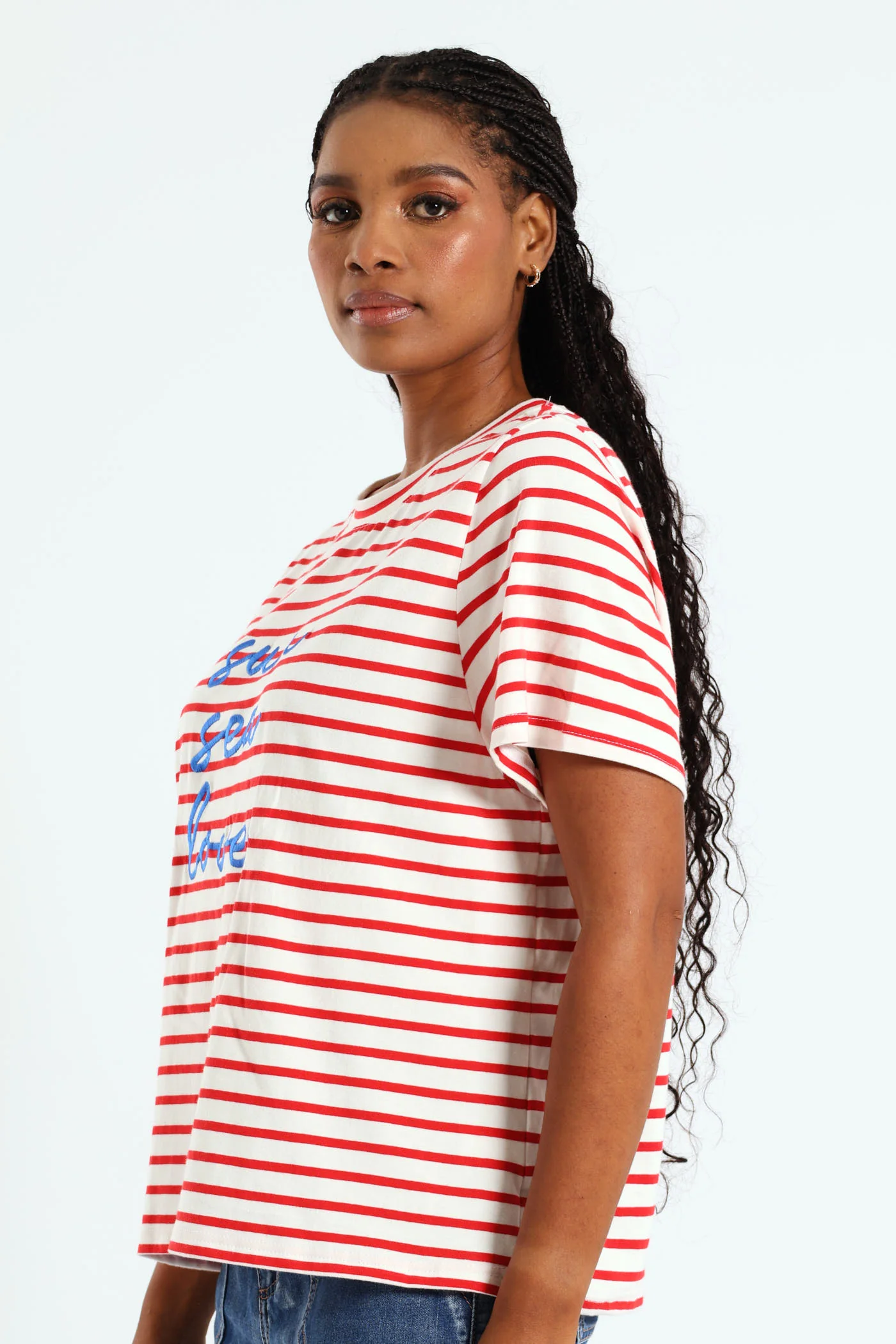 Sun Sea Love Embroidered Boxy Stripe Tee - White/Red - Image 2