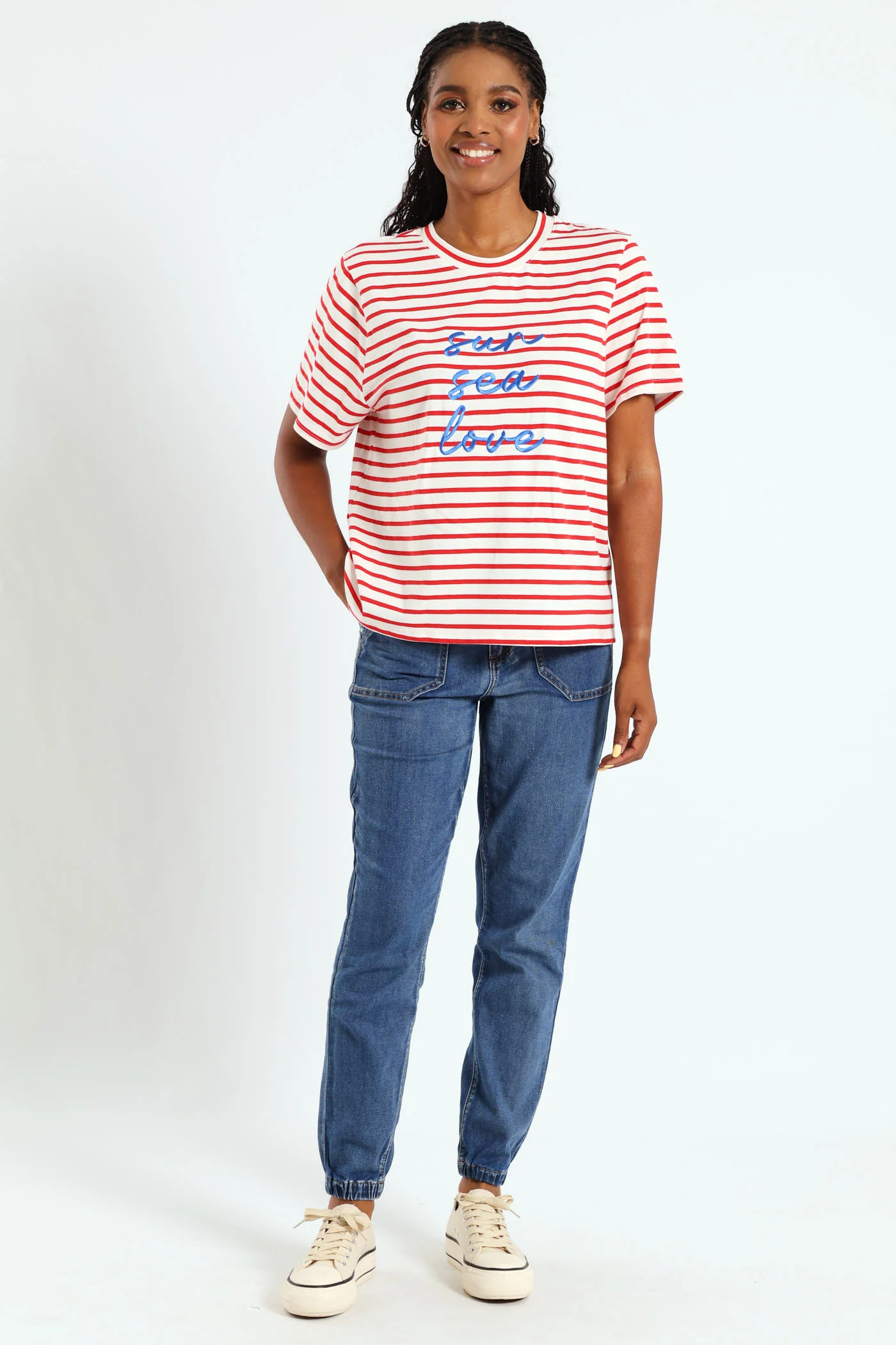 Sun Sea Love Embroidered Boxy Stripe Tee - White/Red - Image 4