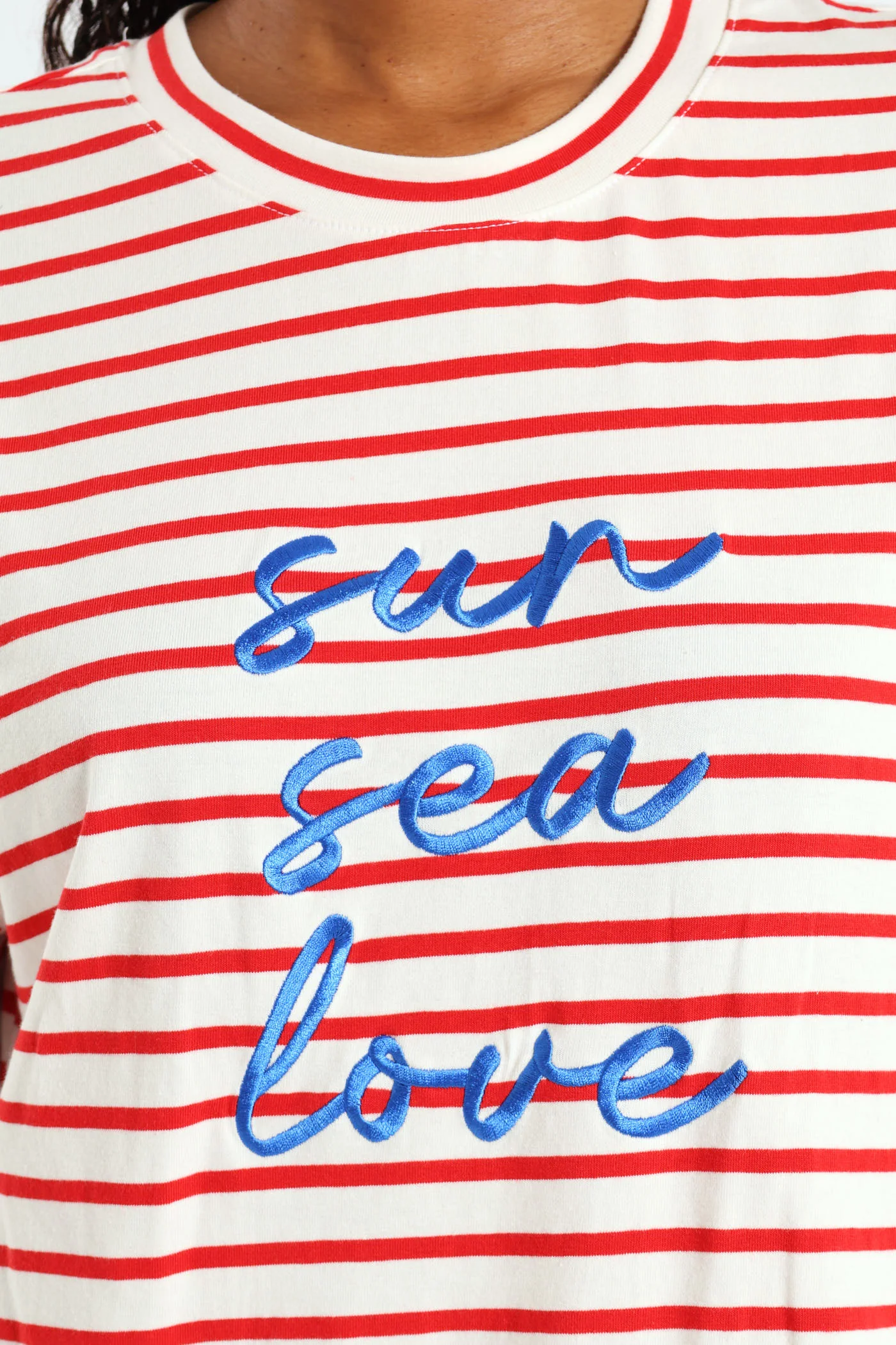 Sun Sea Love Embroidered Boxy Stripe Tee - White/Red - Image 5