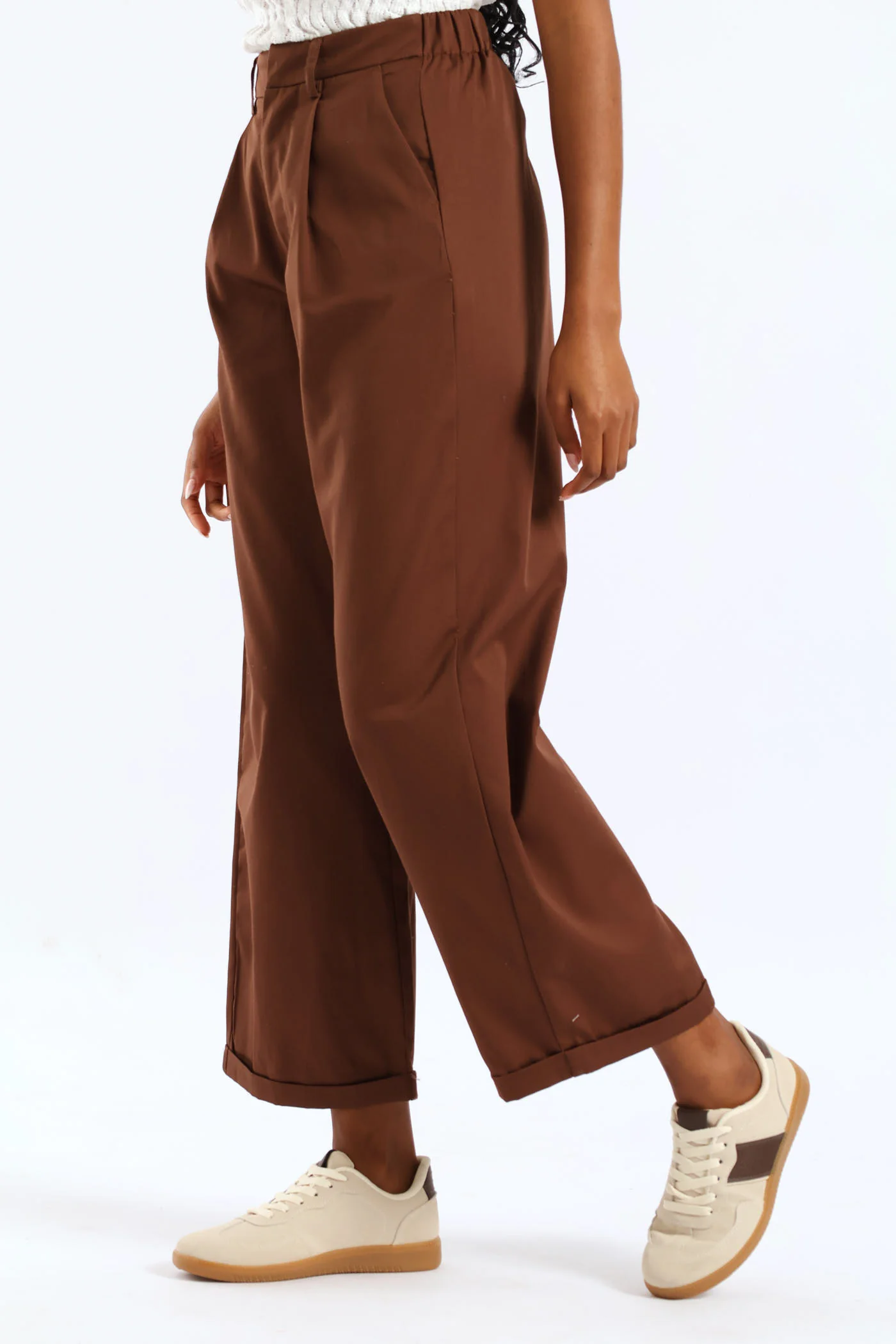 Super Hi-Waist Pleated Turnup Barrel Anklegrazer Pant - Dark Brown - Image 3