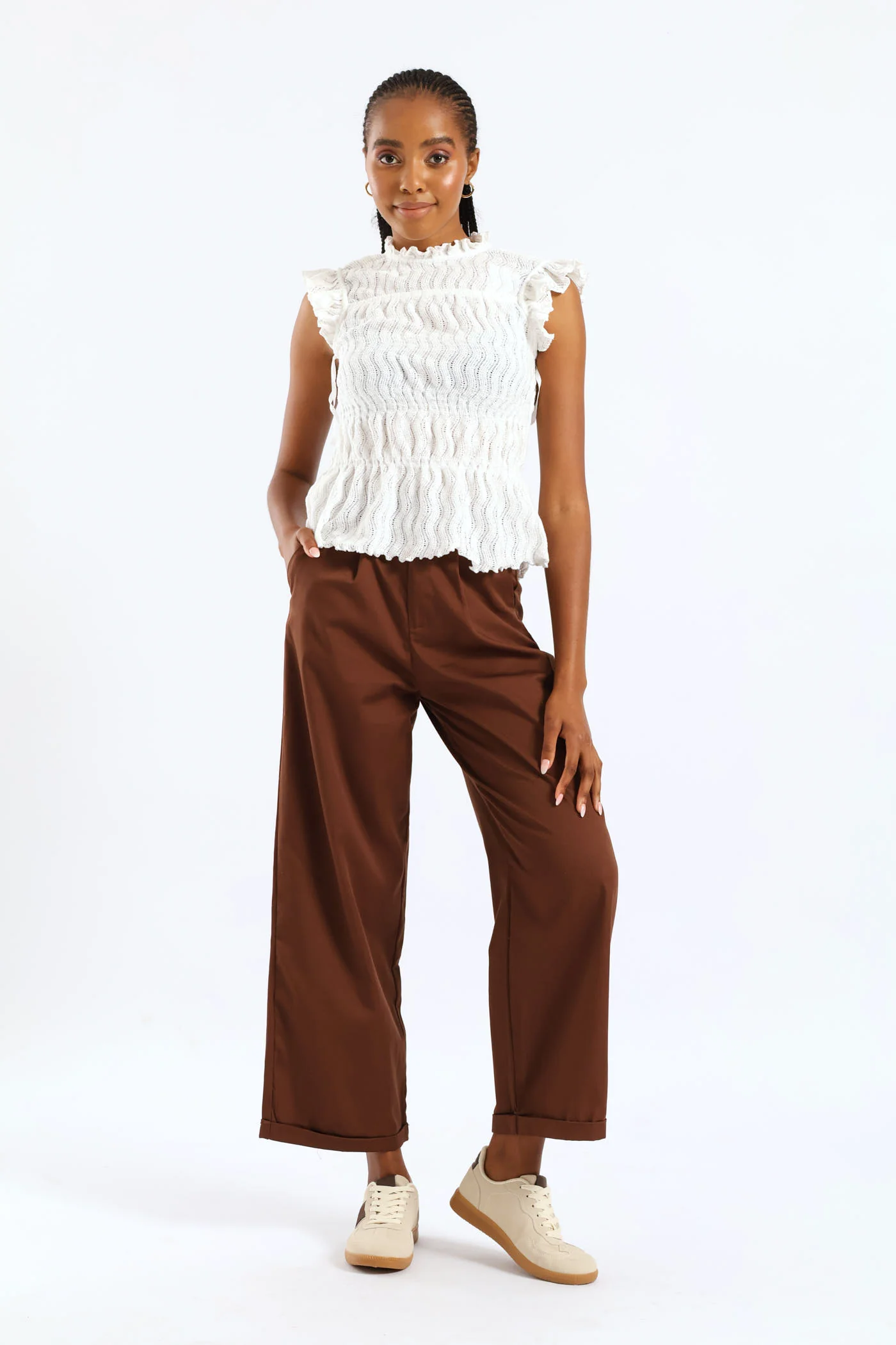 Super Hi-Waist Pleated Turnup Barrel Anklegrazer Pant - Dark Brown - Image 5
