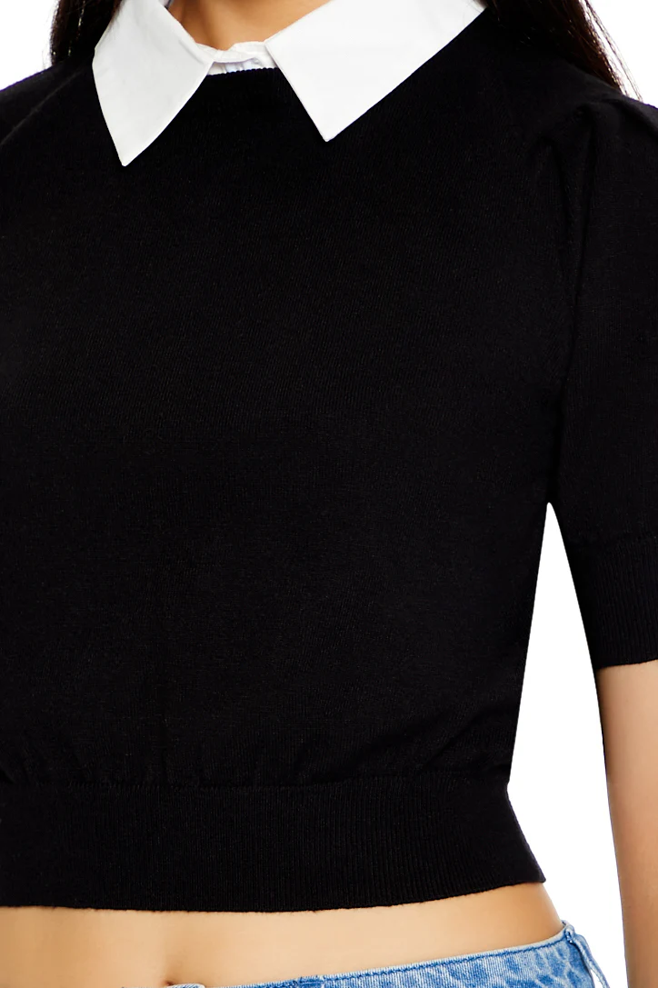Sweater Knit Collar Crop Top - Black - Image 2