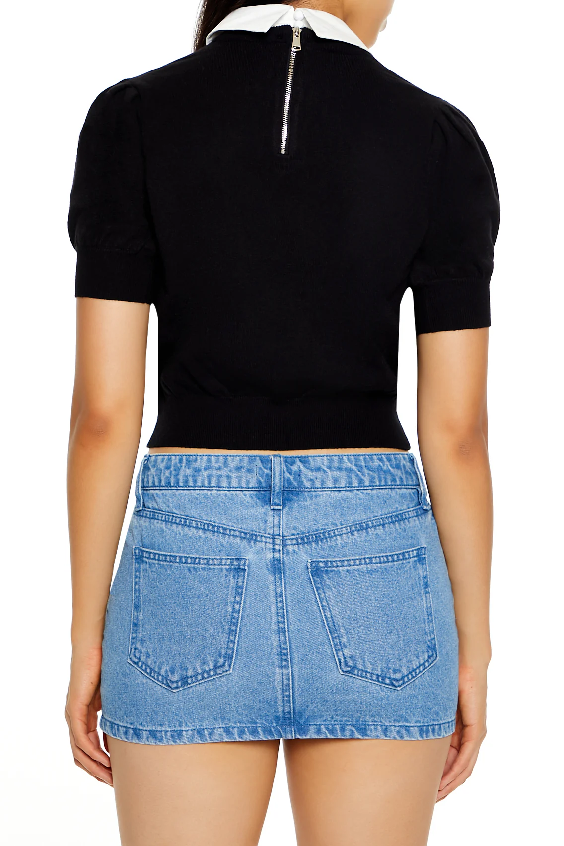 Sweater Knit Collar Crop Top - Black - Image 4