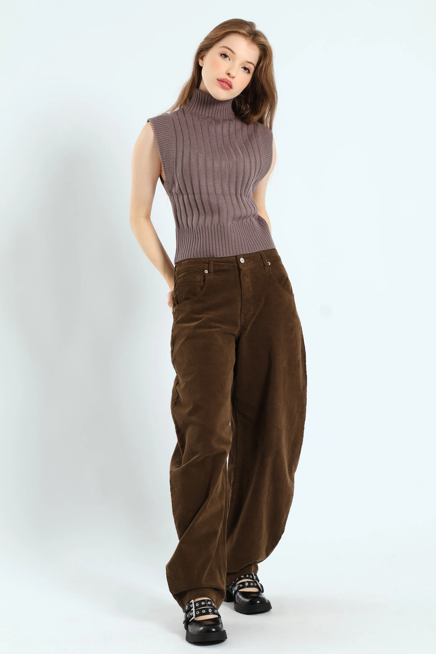 Sweater Knit Turtleneck Top - Grey - Image 2