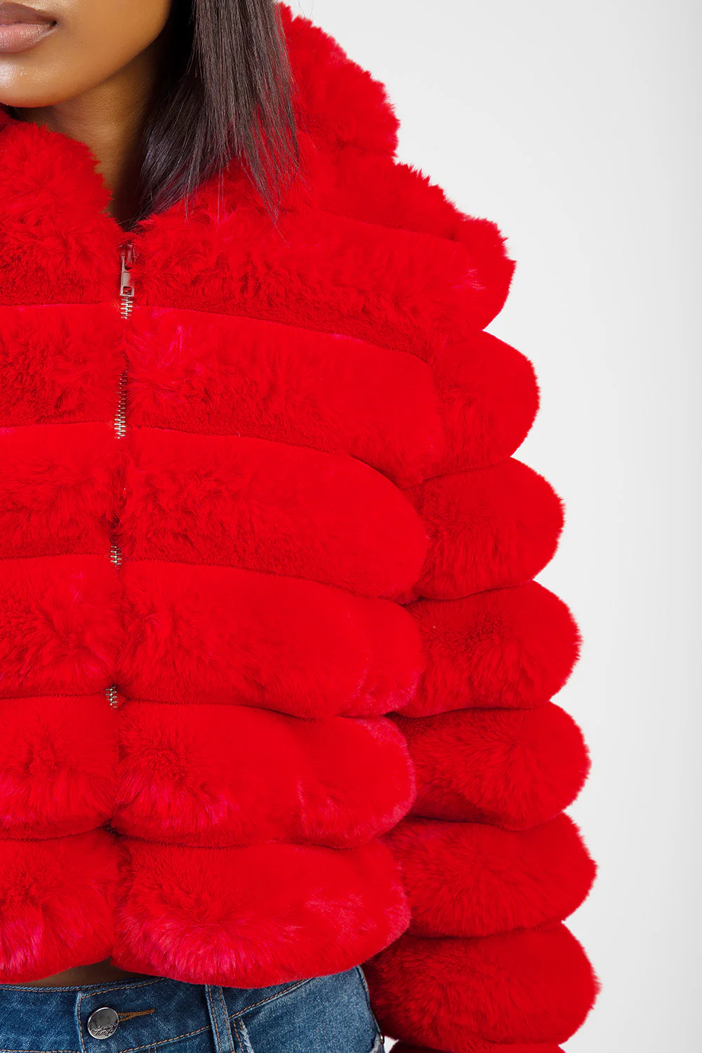 Sweet & Simple Faux Fur Hooded Quilted Jacket - Red - Image 2
