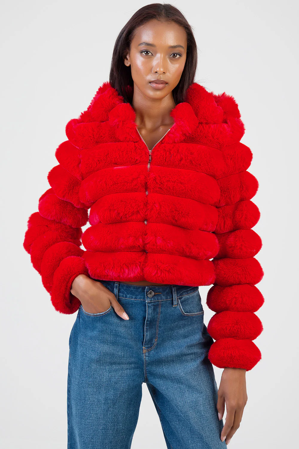 Sweet & Simple Faux Fur Hooded Quilted Jacket - Red - Image 3