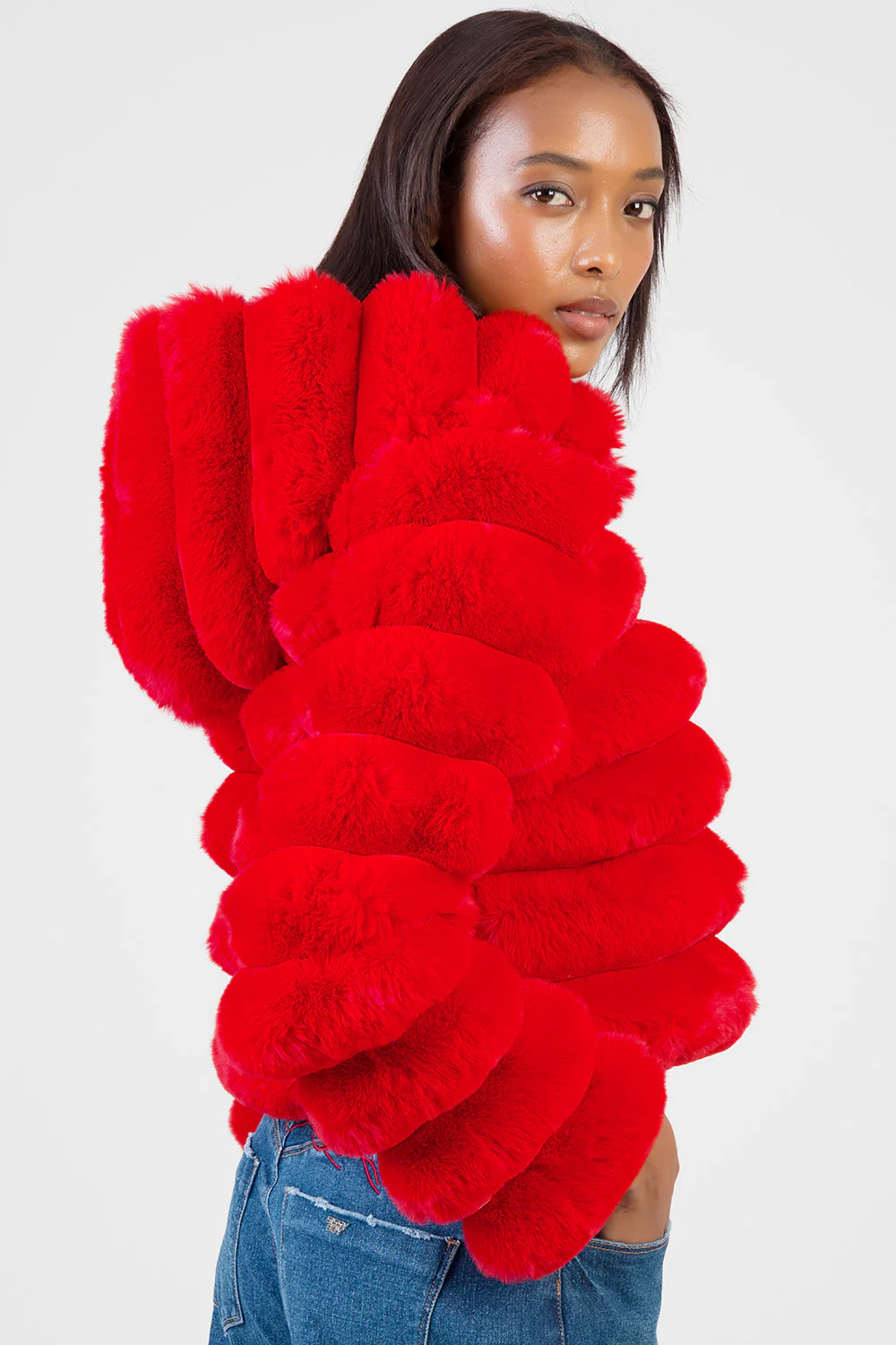 Sweet & Simple Faux Fur Hooded Quilted Jacket - Red - Image 4