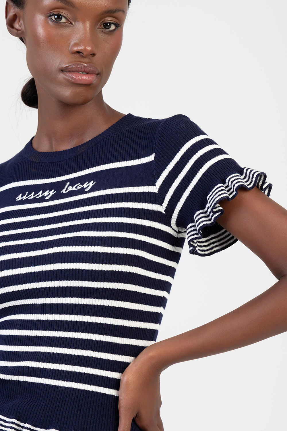 Sweet Nothings Short Sleeve Striped Knitwear Top - Navy/White - Image 2