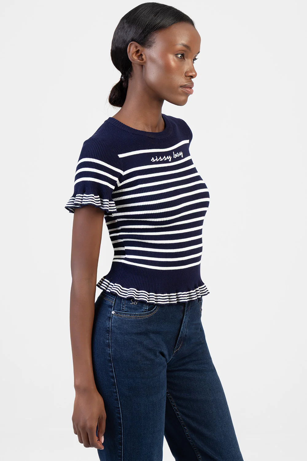 Sweet Nothings Short Sleeve Striped Knitwear Top - Navy/White - Image 4