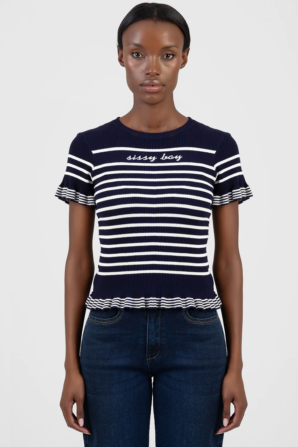 Sweet Nothings Short Sleeve Striped Knitwear Top - Navy/White - Image 5
