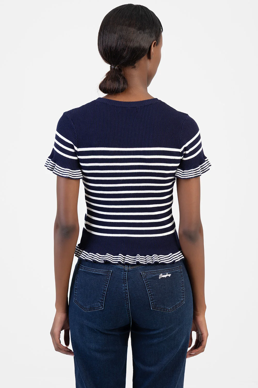 Sweet Nothings Short Sleeve Striped Knitwear Top - Navy/White - Image 6