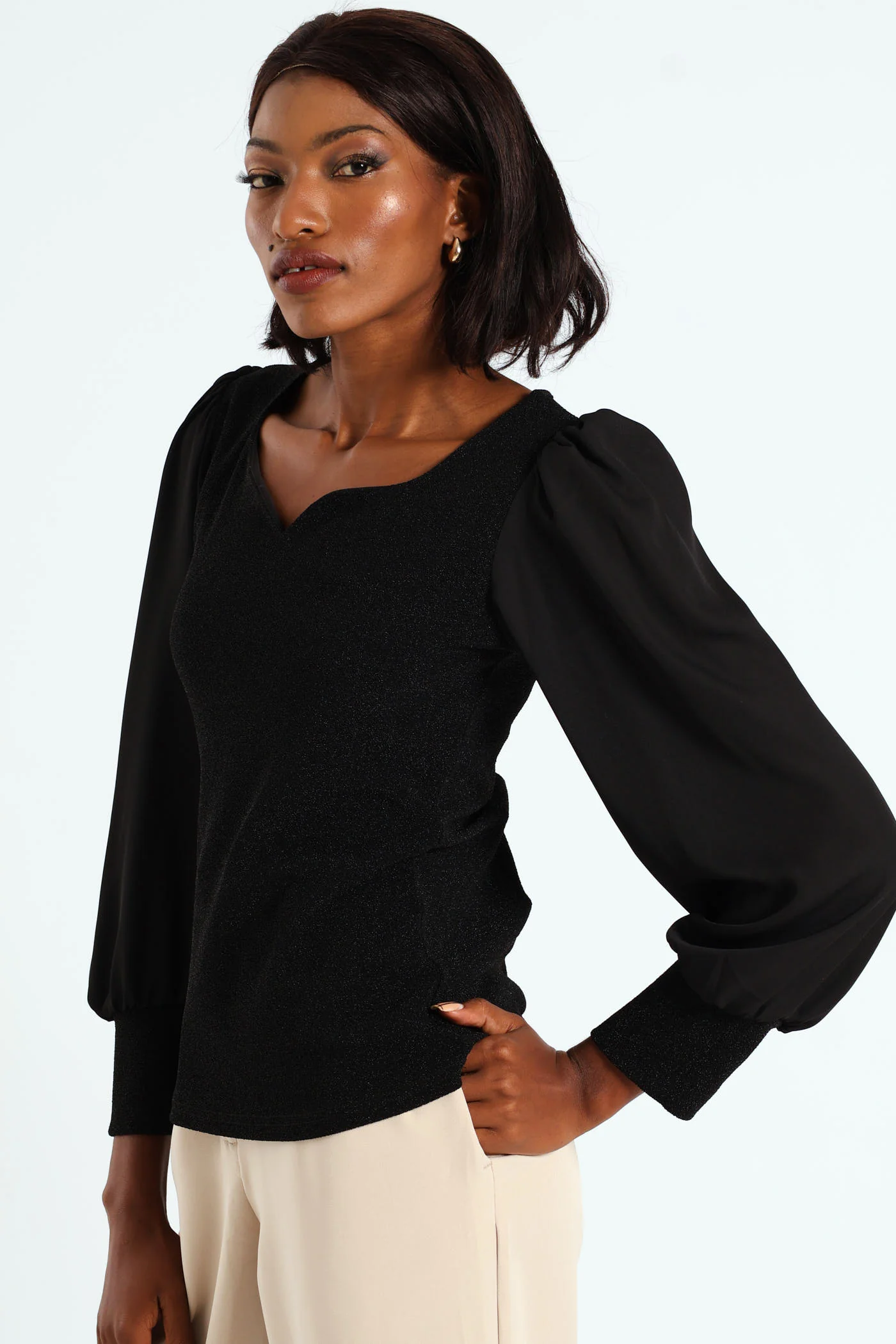 Sweetheart Neckline Shimmer Combo Blouse - Black - Image 2