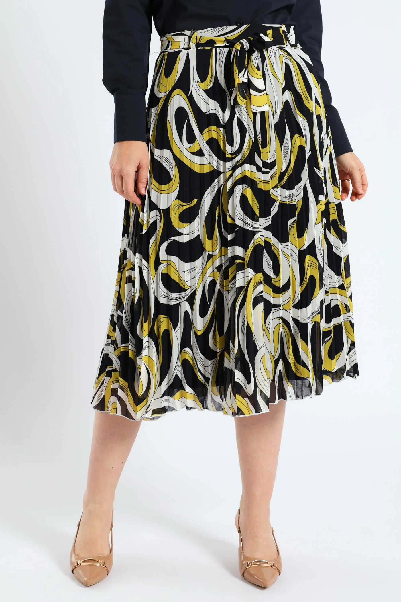 Swirl Belted Pleated Midi Skirt - Mustard - Image 2