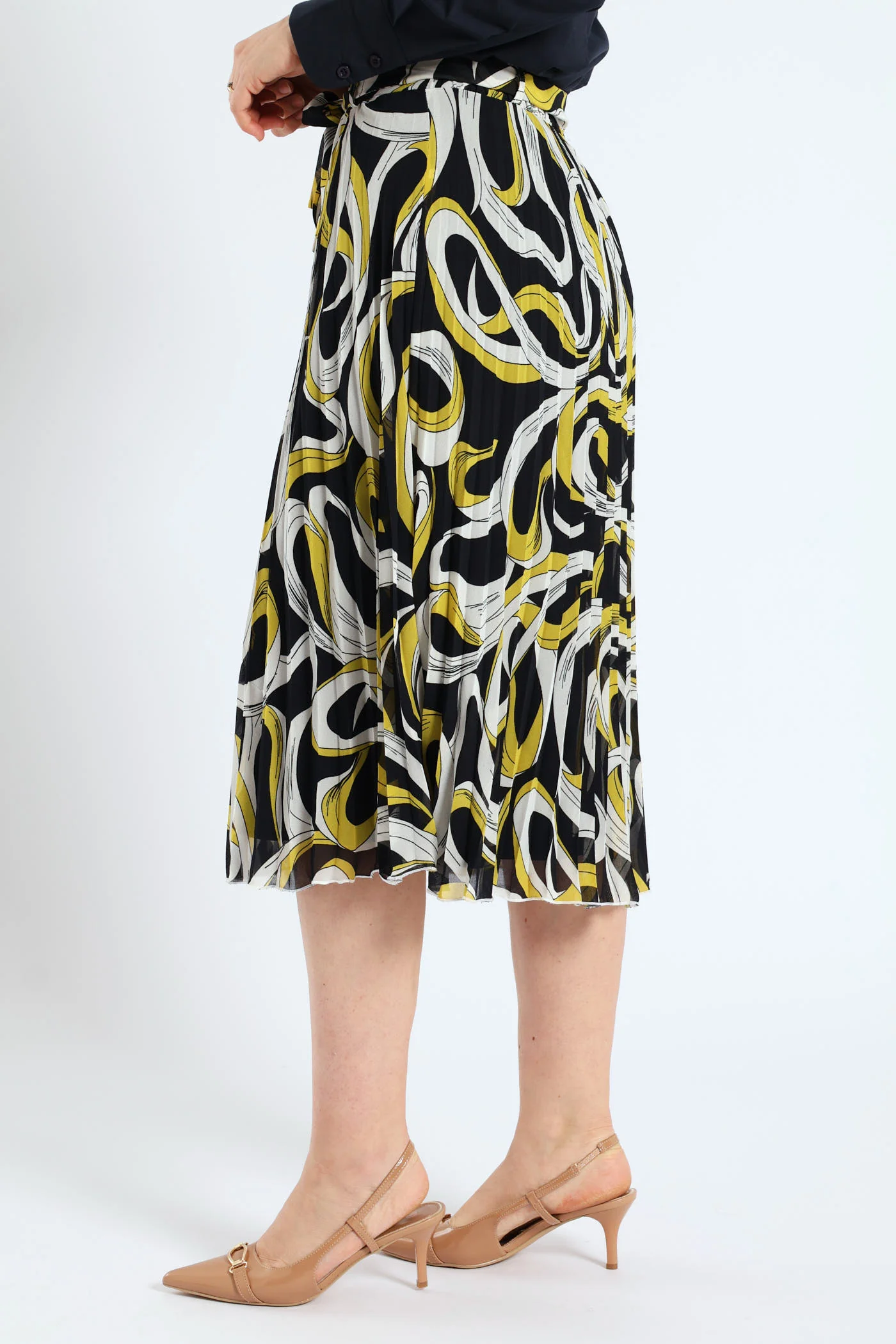 Swirl Belted Pleated Midi Skirt - Mustard - Image 3