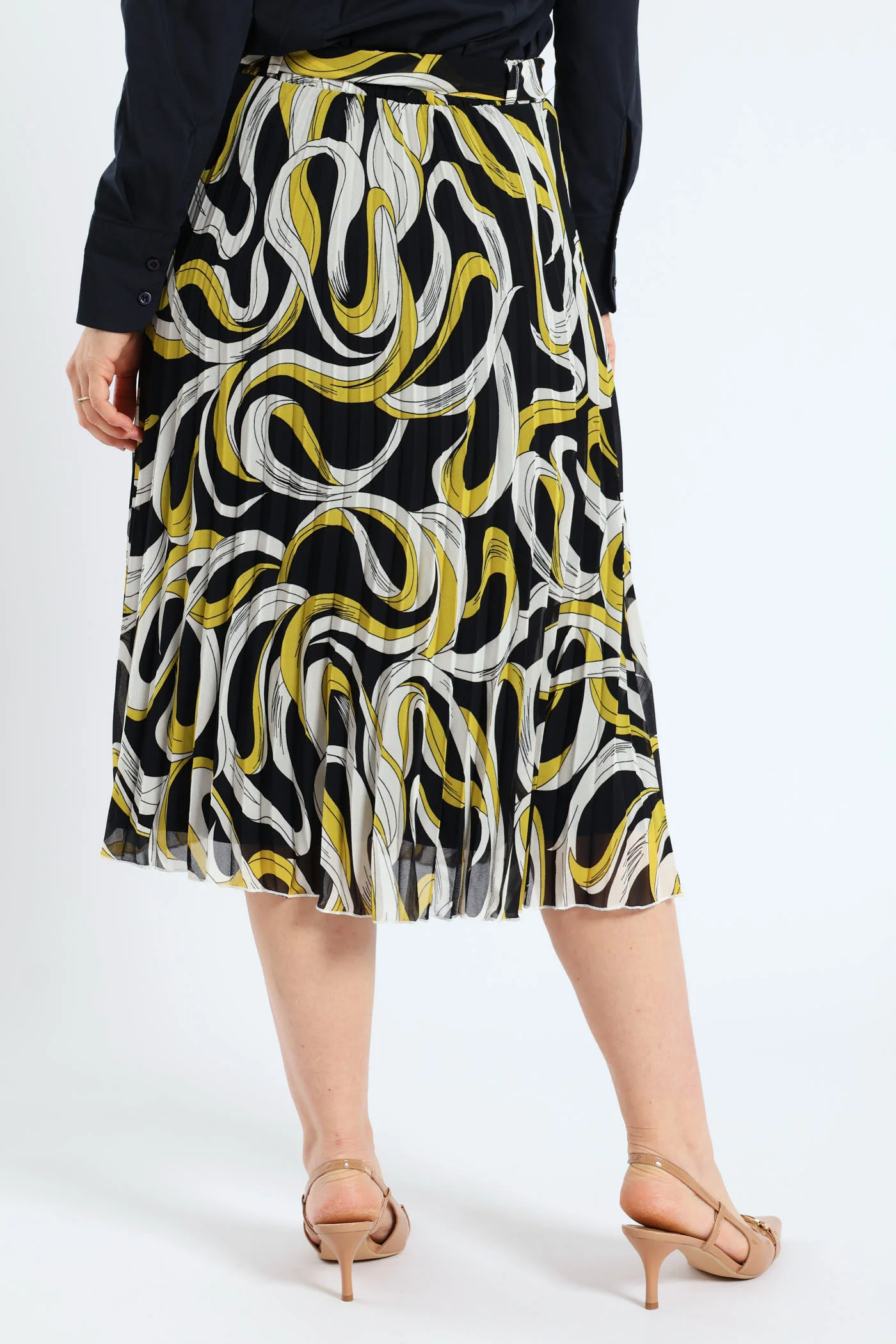 Swirl Belted Pleated Midi Skirt - Mustard - Image 4