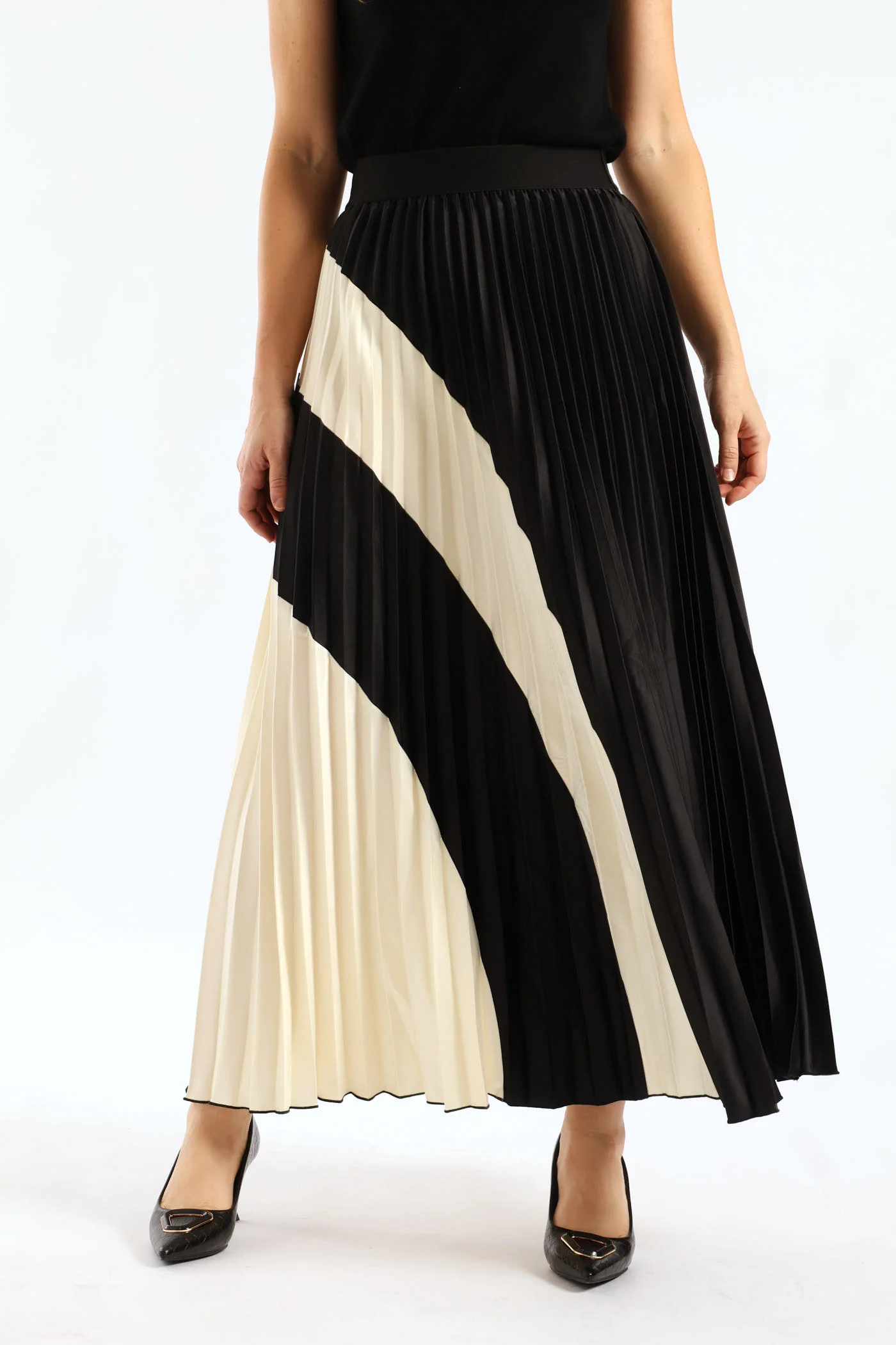 Swirly Colourblock Satin Maxi Skirt - Black/Cream - Image 2