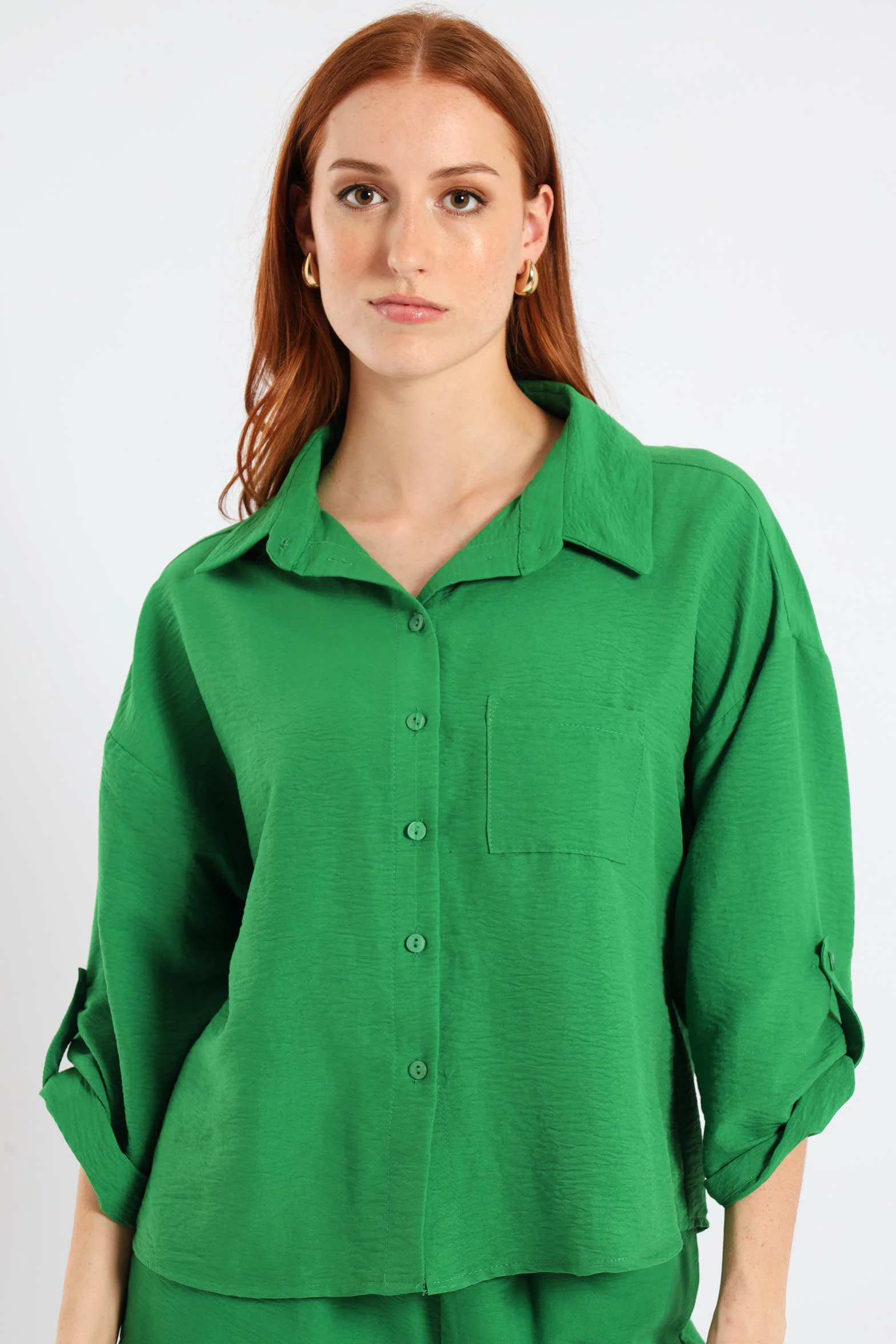 Tab & Button Detail 3/4 Sleeve Relaxed Shirt - Emerald - Image 2