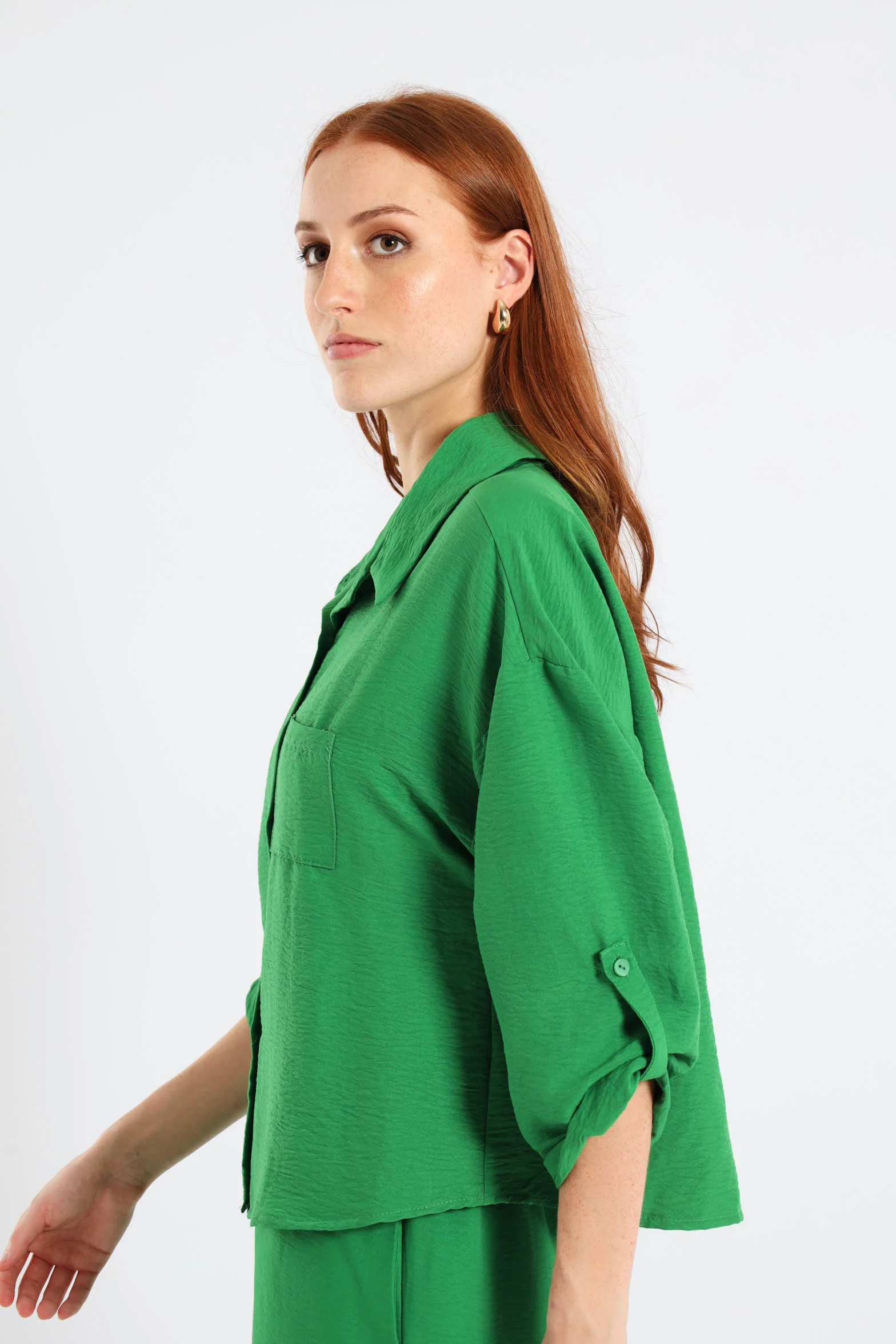 Tab & Button Detail 3/4 Sleeve Relaxed Shirt - Emerald - Image 3