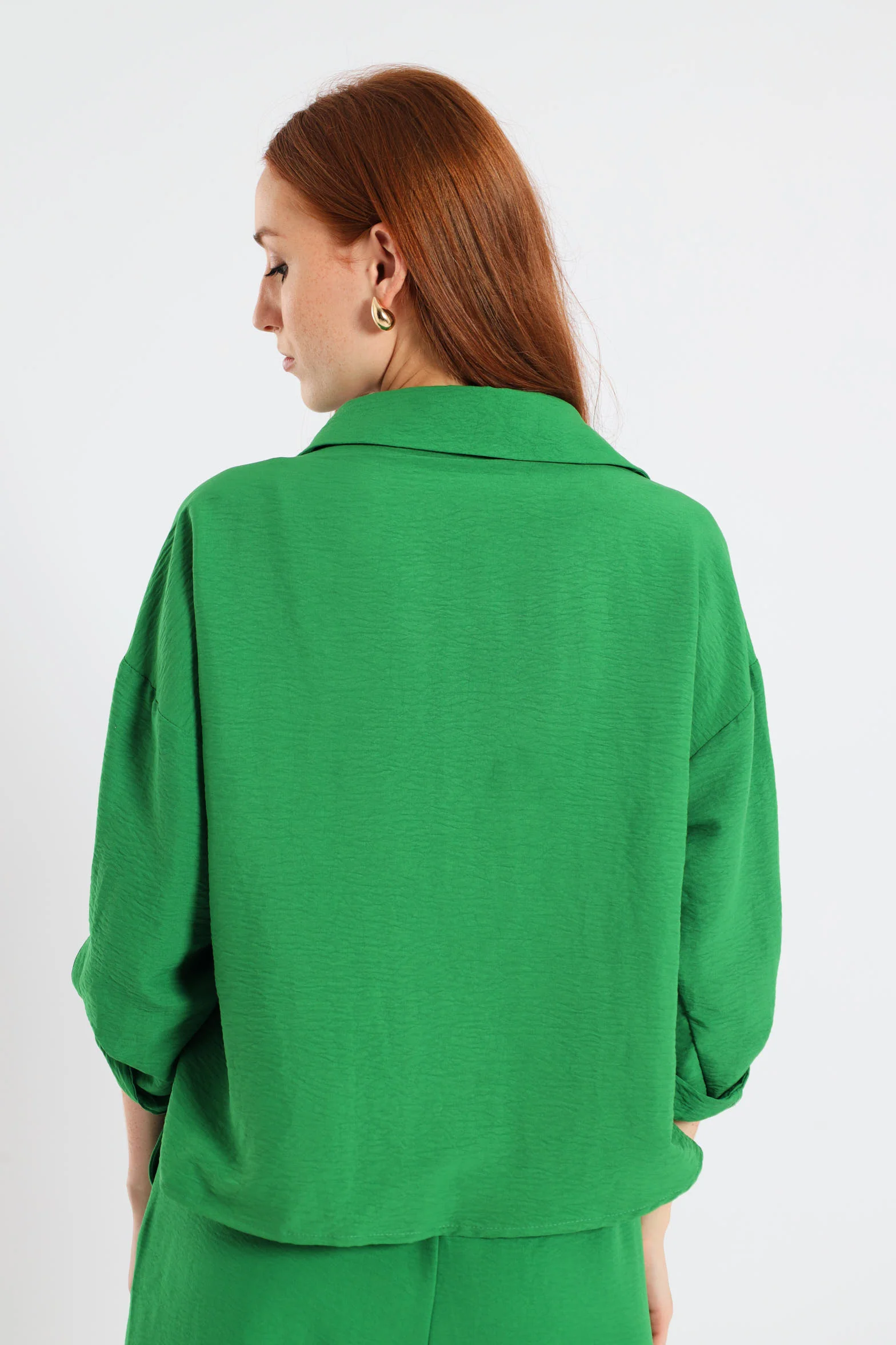 Tab & Button Detail 3/4 Sleeve Relaxed Shirt - Emerald - Image 4