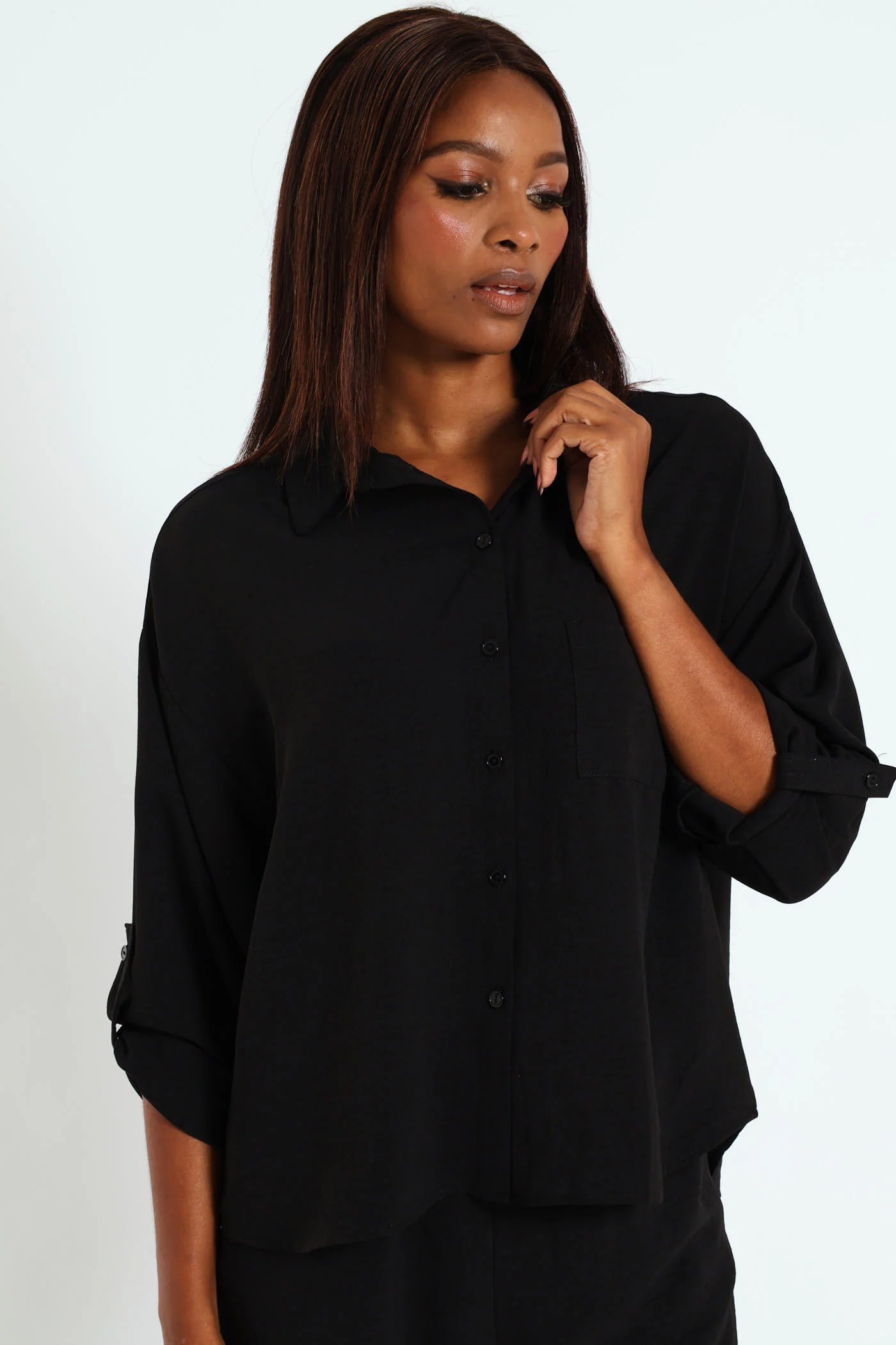 Tab & Button Detail Long Sleeve Relaxed Shirt - Black - Image 2