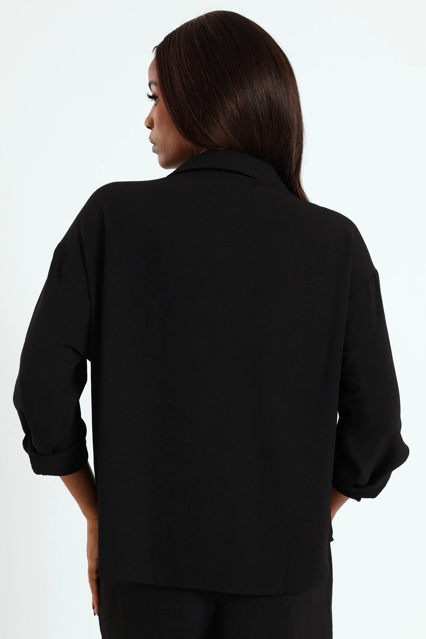 Tab & Button Detail Long Sleeve Relaxed Shirt - Black - Image 3