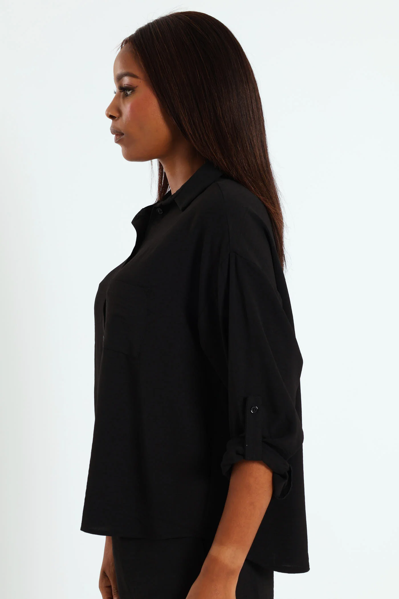 Tab & Button Detail Long Sleeve Relaxed Shirt - Black - Image 4