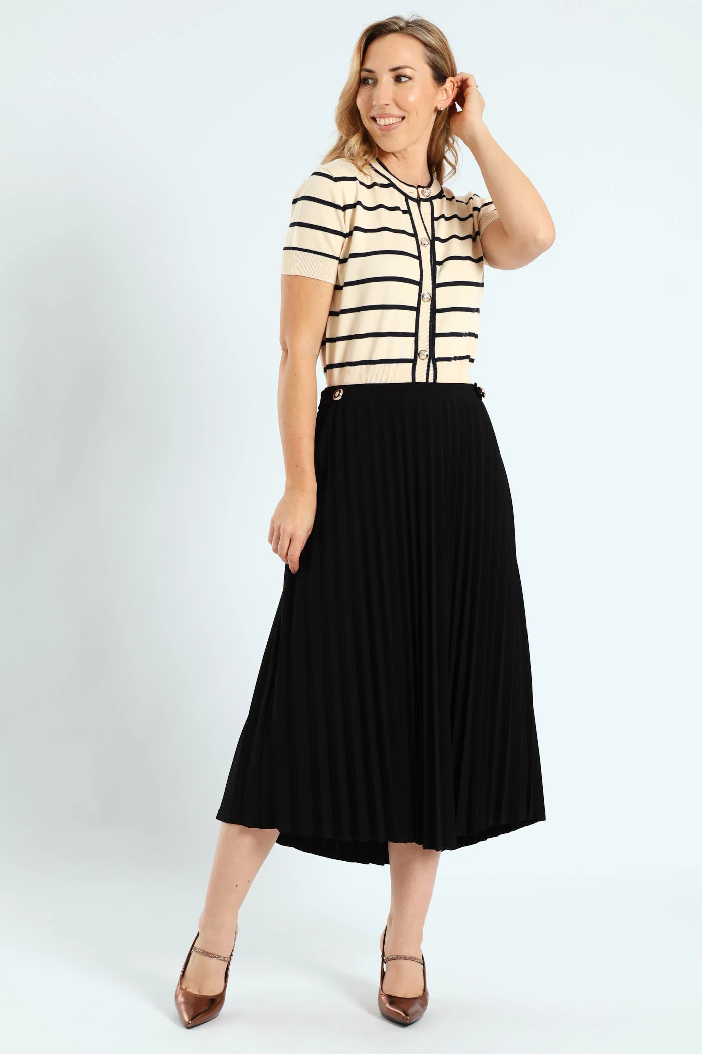 Tab Detail Pleated Midi Skirt - Black - Image 2
