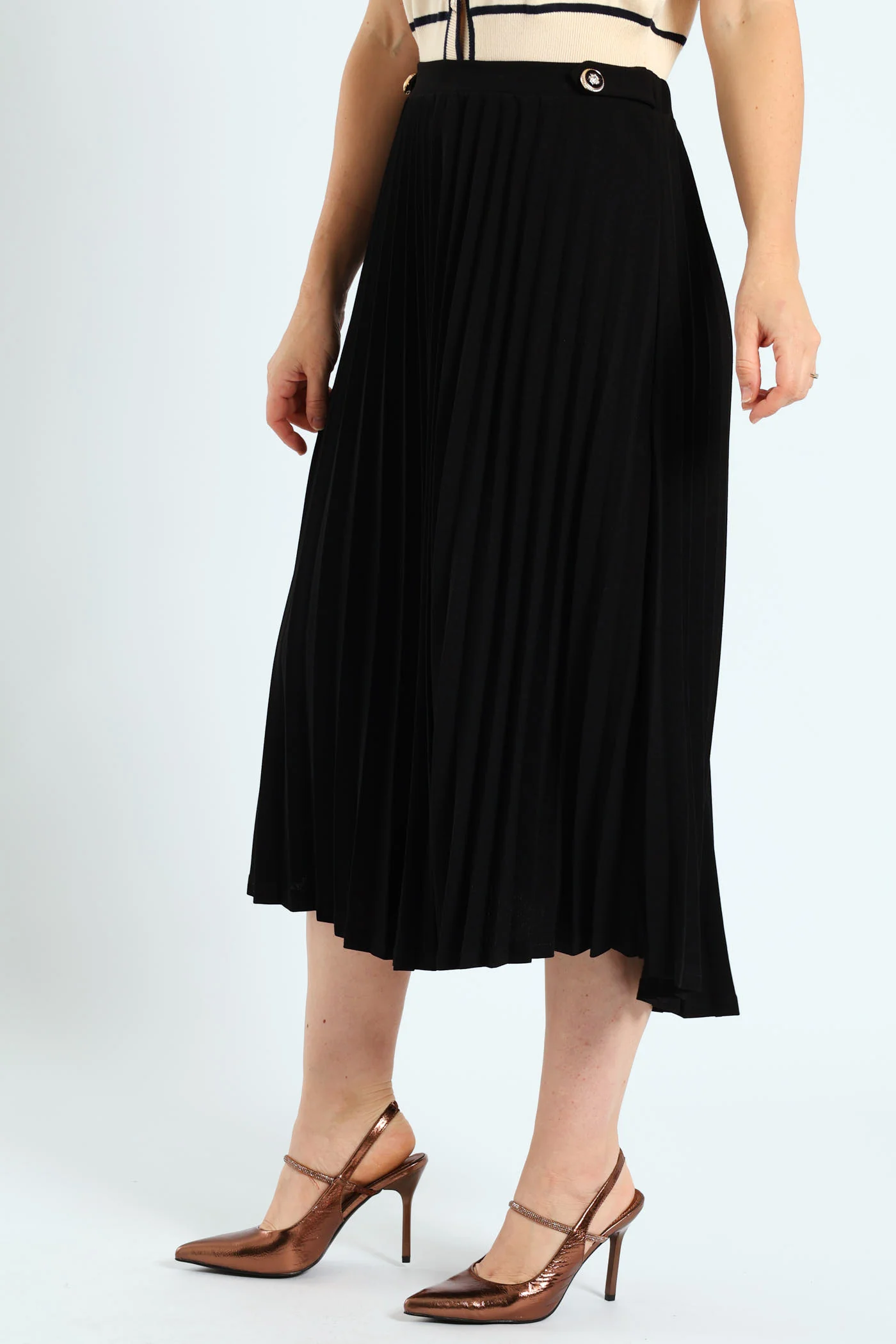 Tab Detail Pleated Midi Skirt - Black - Image 3