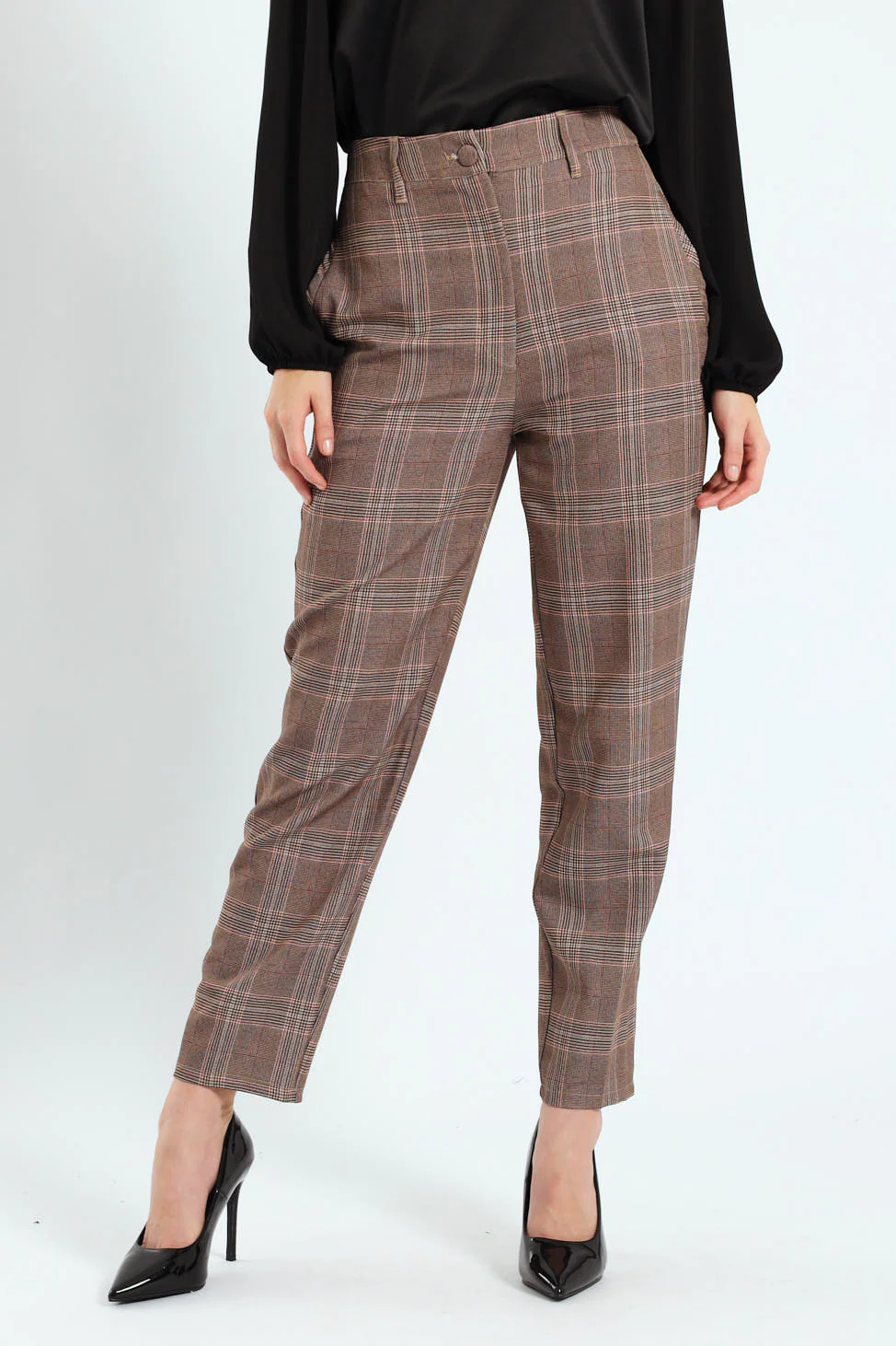 Tartan Check Tapered Leg Pants - Brown - Image 2