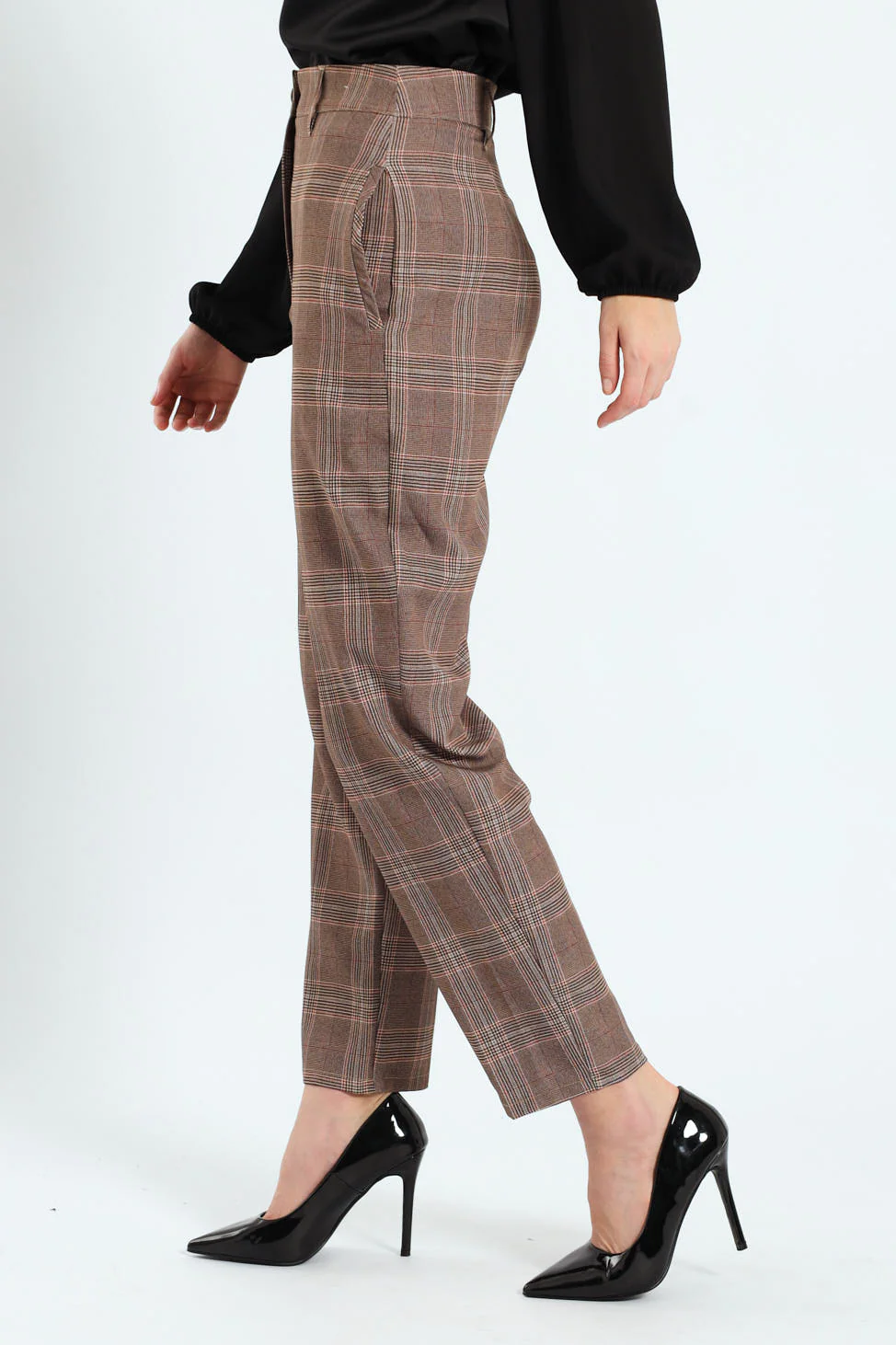 Tartan Check Tapered Leg Pants - Brown - Image 5