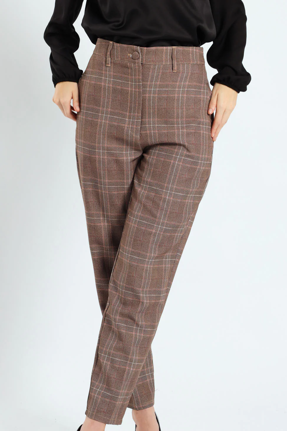 Tartan Check Tapered Leg Pants - Brown - Image 6
