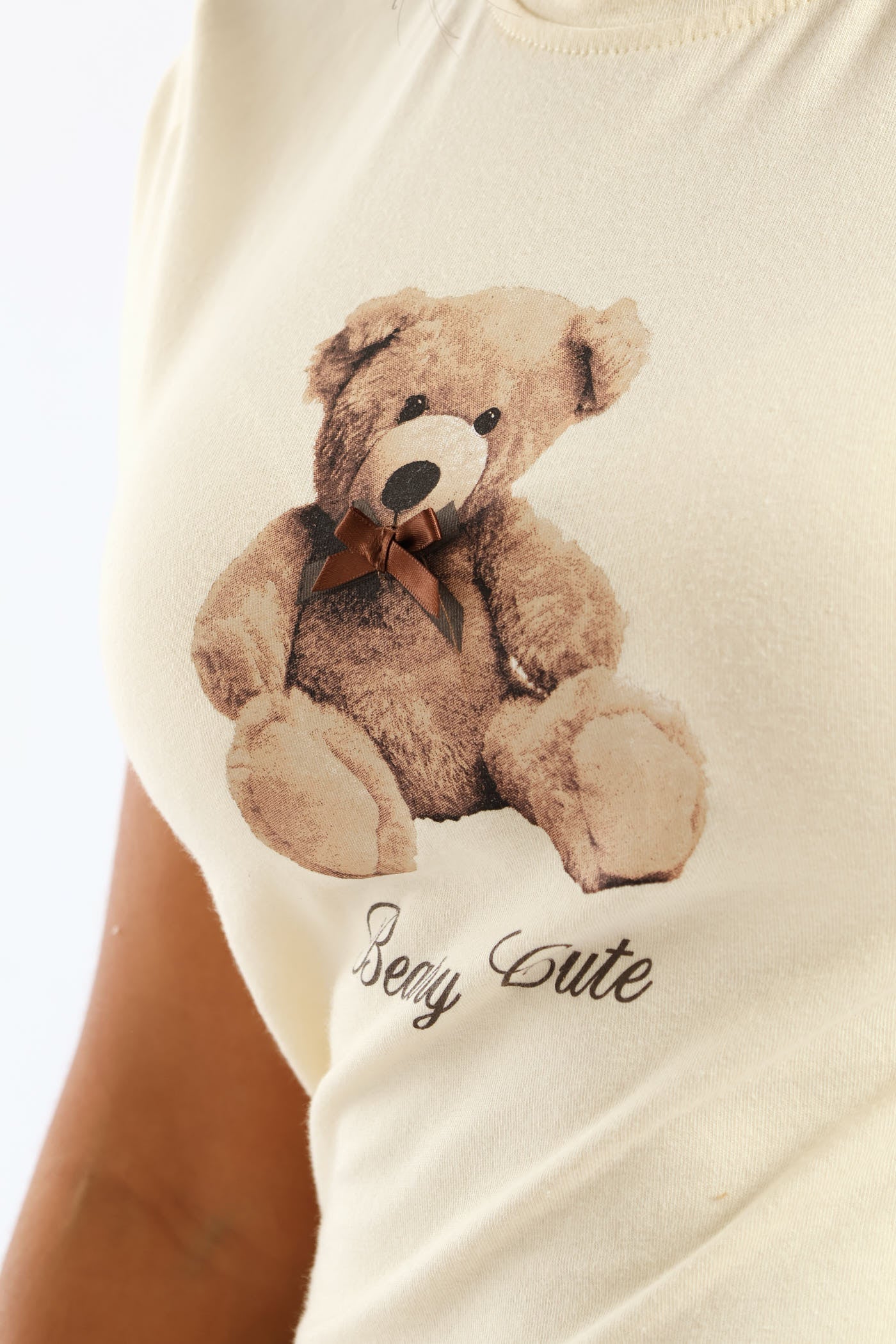 Teddy Bow Baby Tee - Light Yellow - Image 4