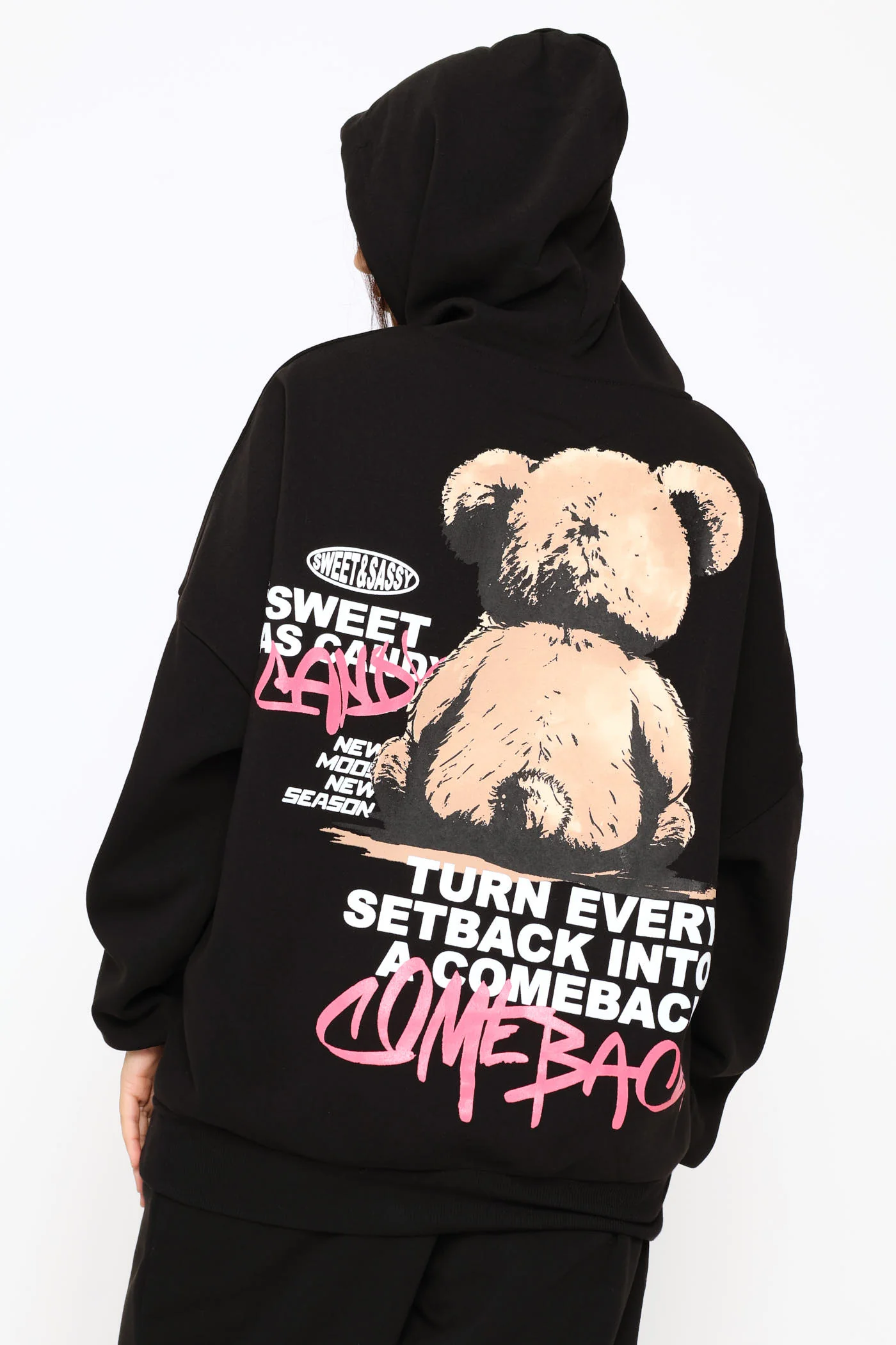 Teddy Oversized Printed Fleece Hoody - Black - Image 2