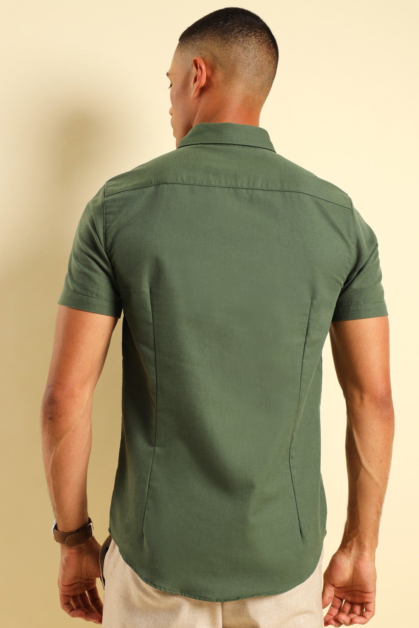 Textured Button Down Shirt - Olive - Image 5