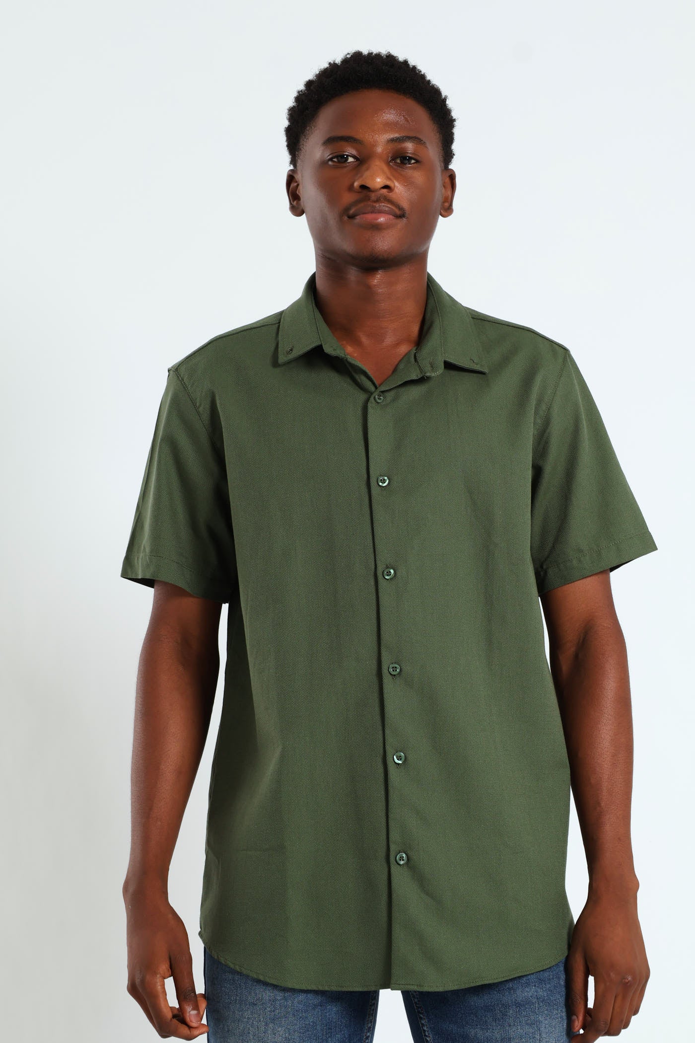 Textured Button Down Shirt - Olive - Image 6