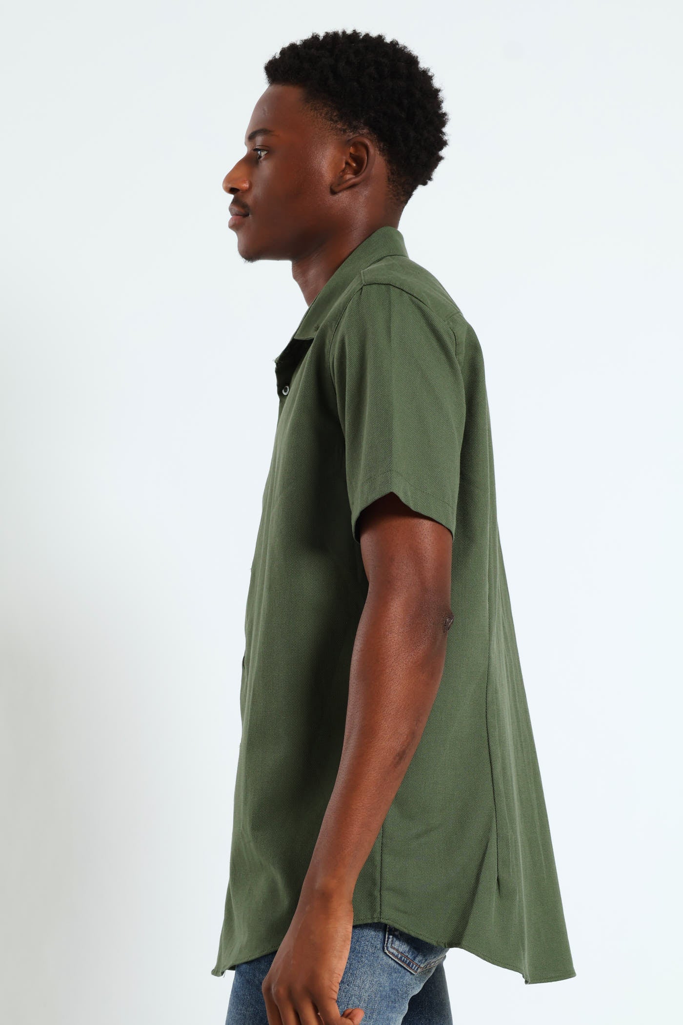 Textured Button Down Shirt - Olive - Image 8