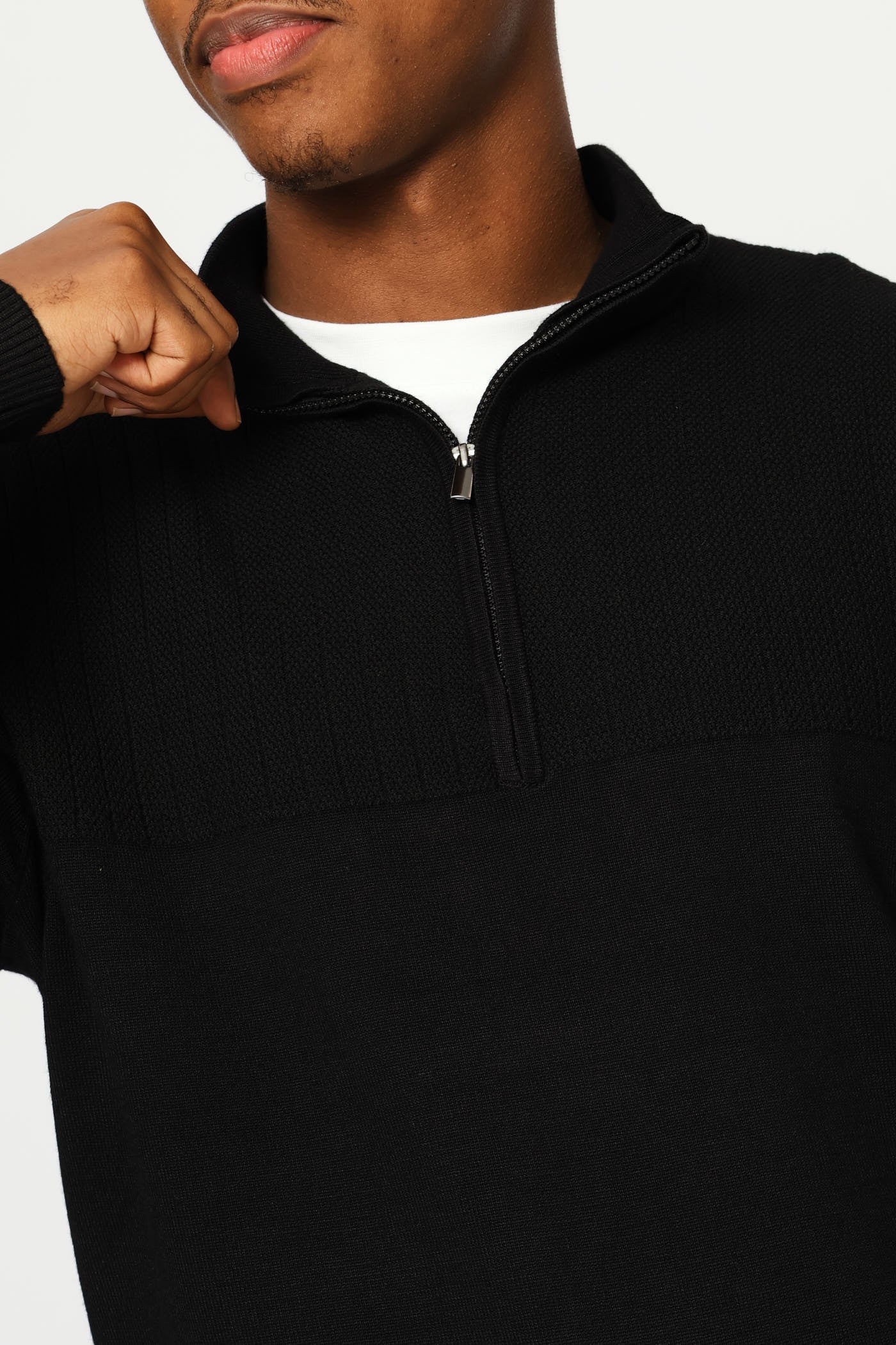 Textured Detail Quarter Zip Knit Poloneck - Black - Image 2