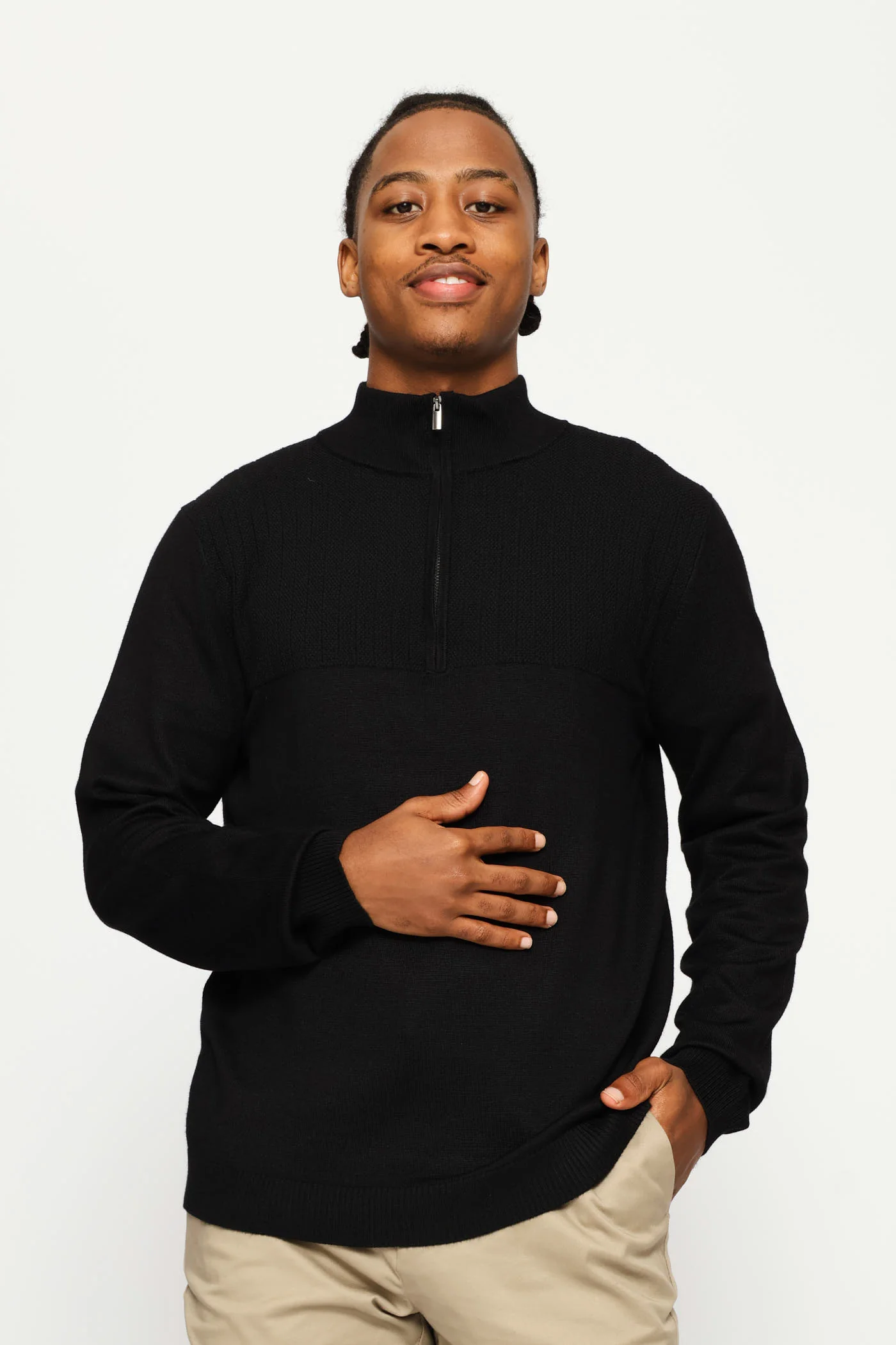 Textured Detail Quarter Zip Knit Poloneck - Black - Image 3